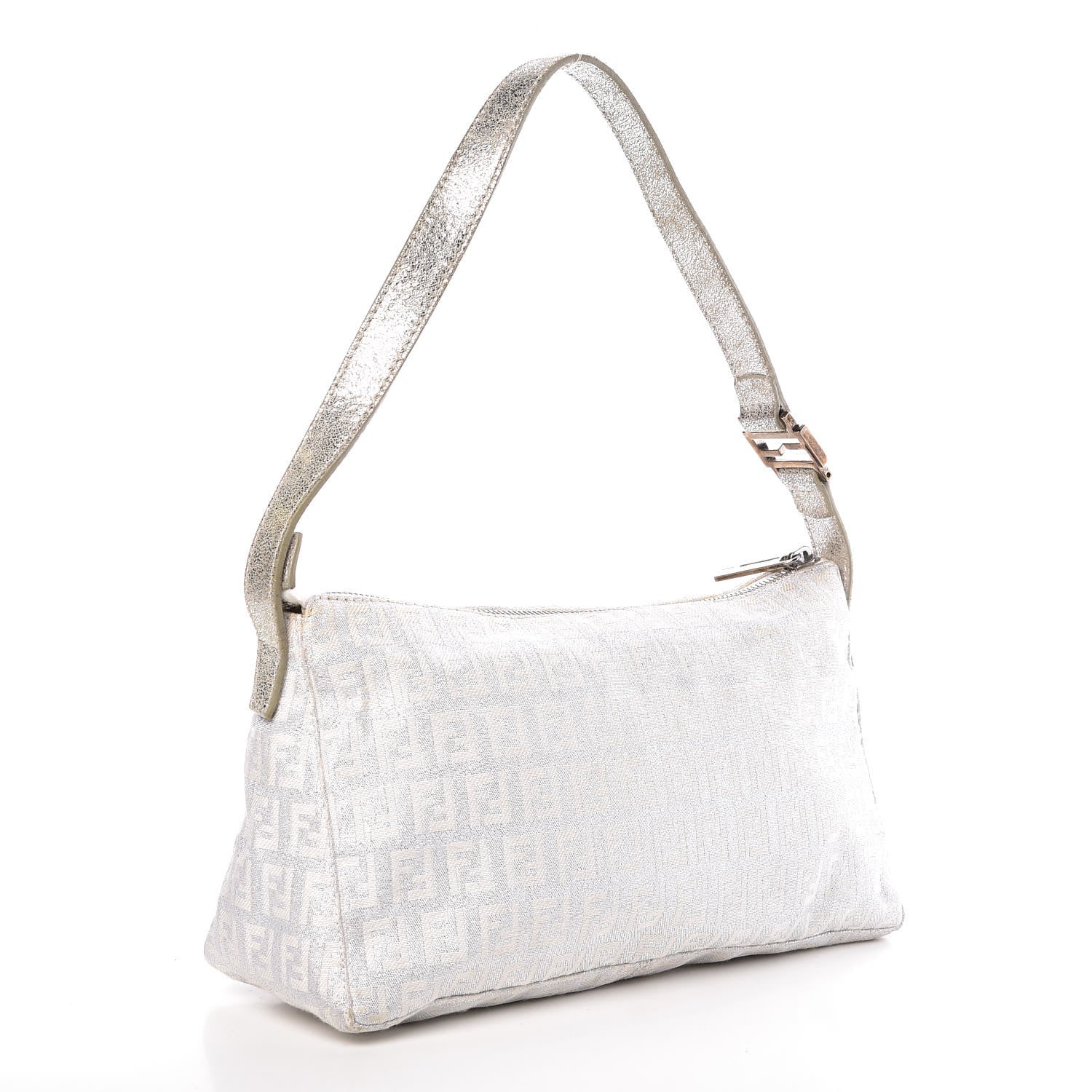 Fendi Metallic Lurex Zucchino Suede Small Shoulder Bag White Argento 3 of 10
