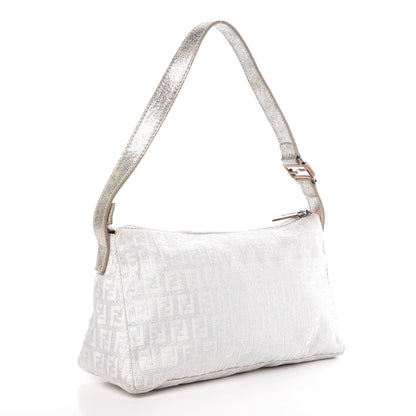 Fendi Metallic Lurex Zucchino Suede Small Shoulder Bag White Argento 3 of 10