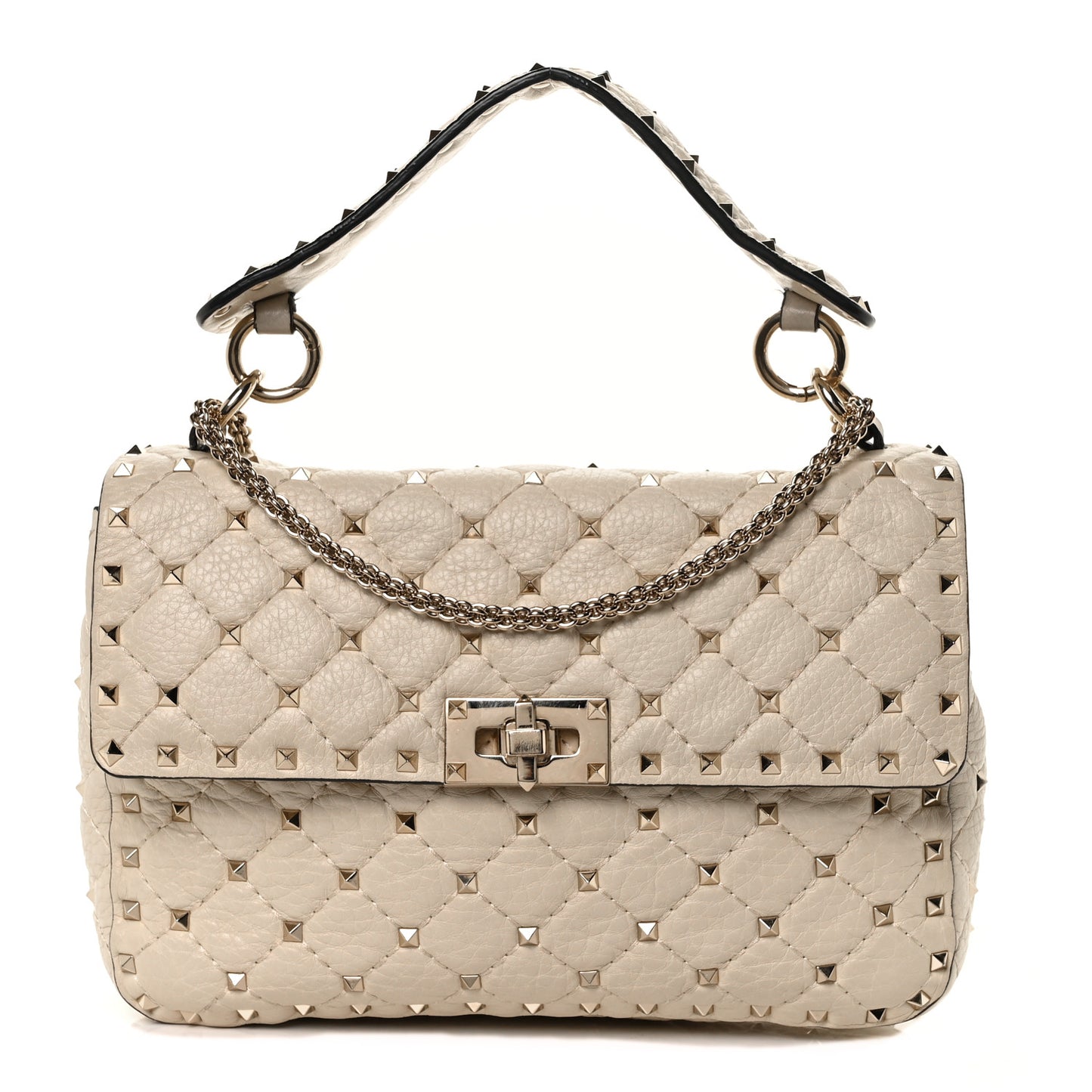 Grained Calfskin Medium Rockstud Spike Shoulder Bag Light Ivory