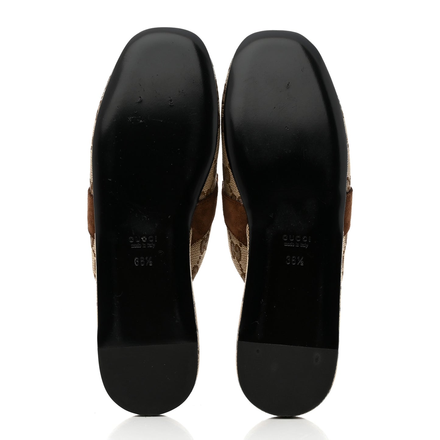 GG Monogram Suede Womens Horsebit Slippers 36.5 Beige Ebony Brown