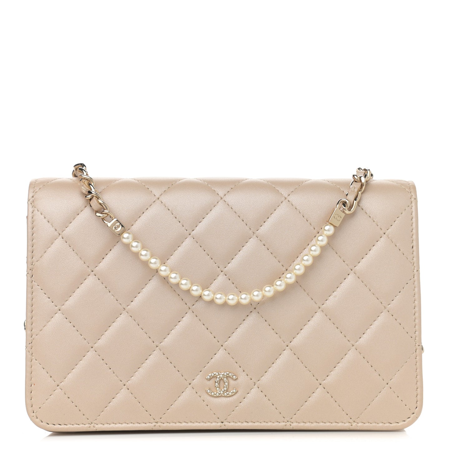 Iridescent Lambskin Quilted Pearl Wallet On Chain WOC Light Beige