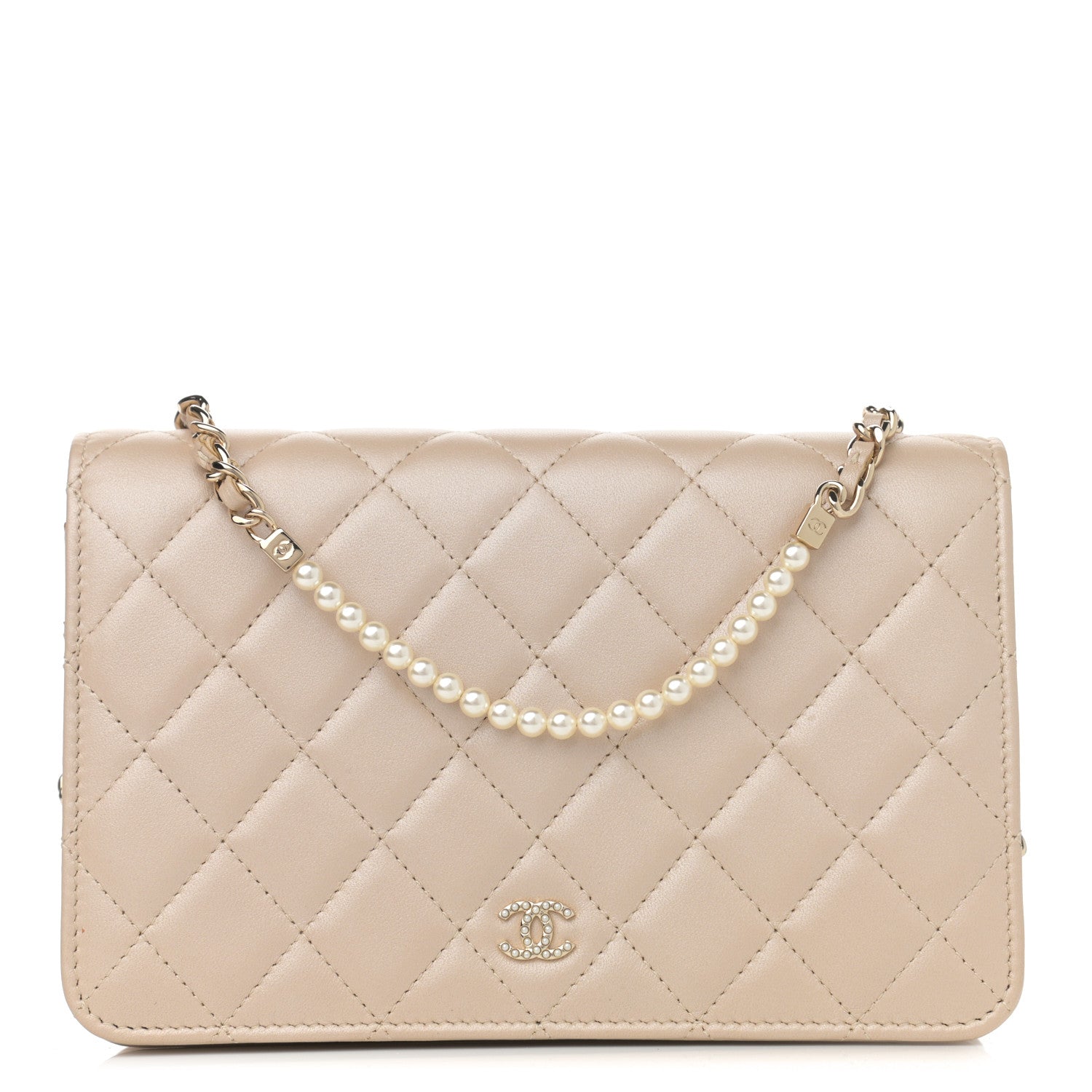 Chanel Iridescent Lambskin Quilted Pearl Wallet On Chain WOC Light Beige 1 of 12
