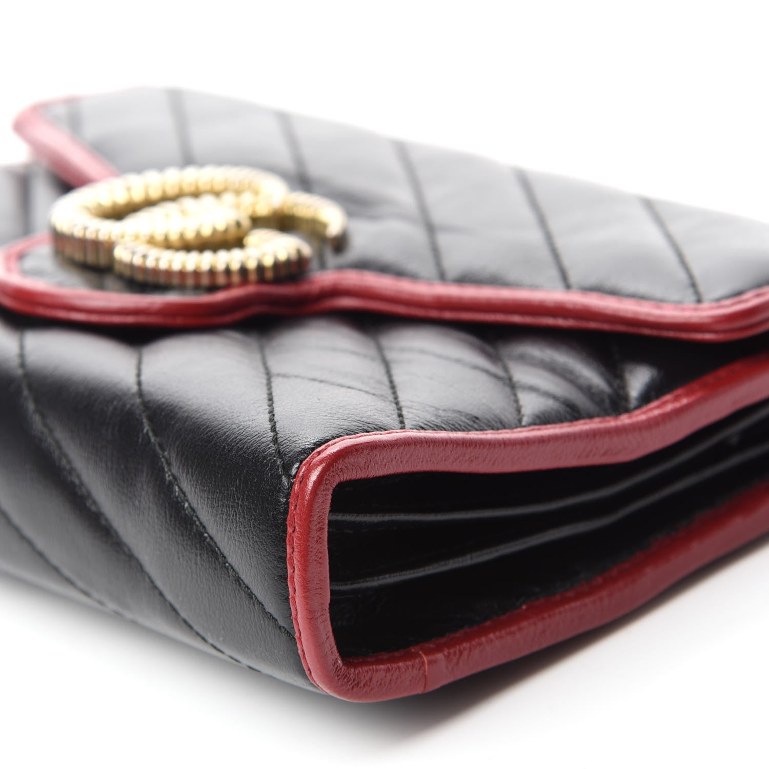 Gucci Vintage Effect Calfskin Matelasse Diagonal Torchon GG Marmont Chain Wallet Black Romantic Cherry 12 of 28
