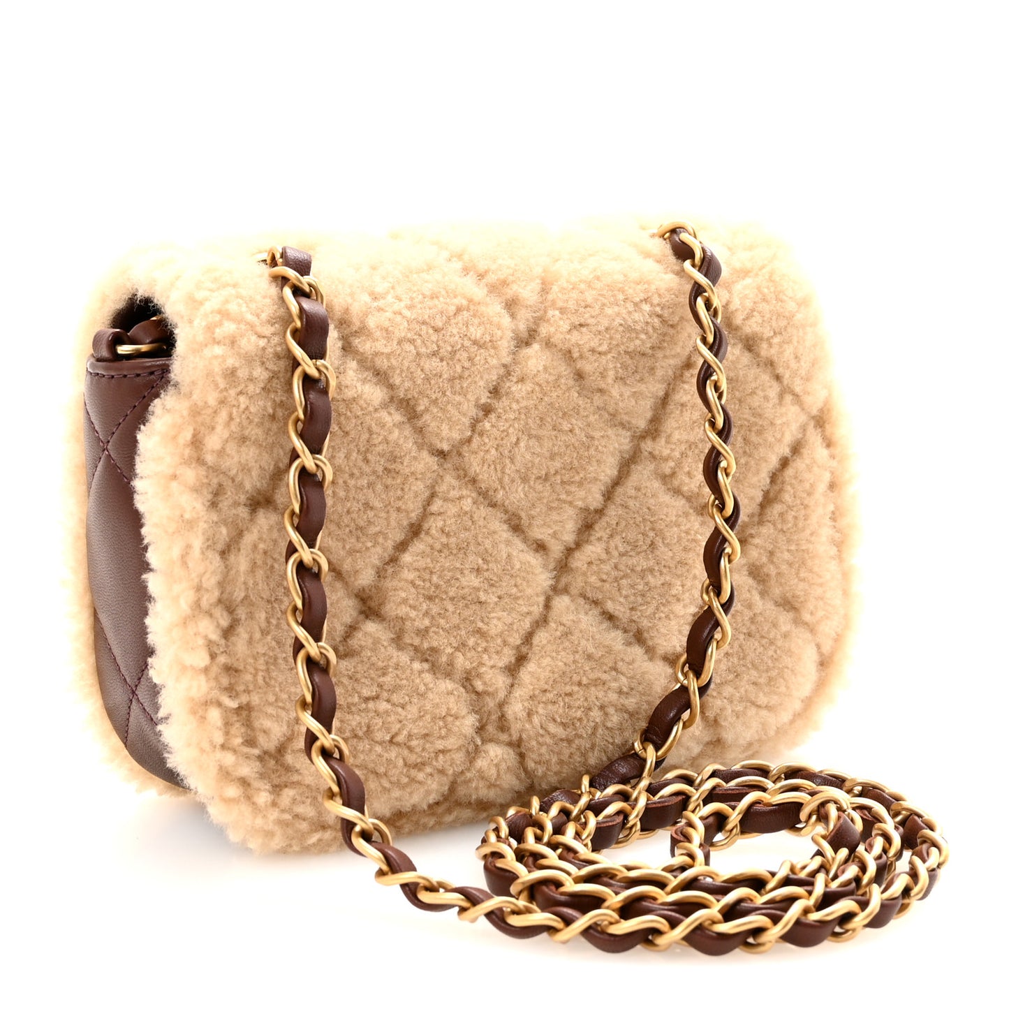 Shearling Lambskin Quilted Mini Furry Coco Flap Beige Dark Brown