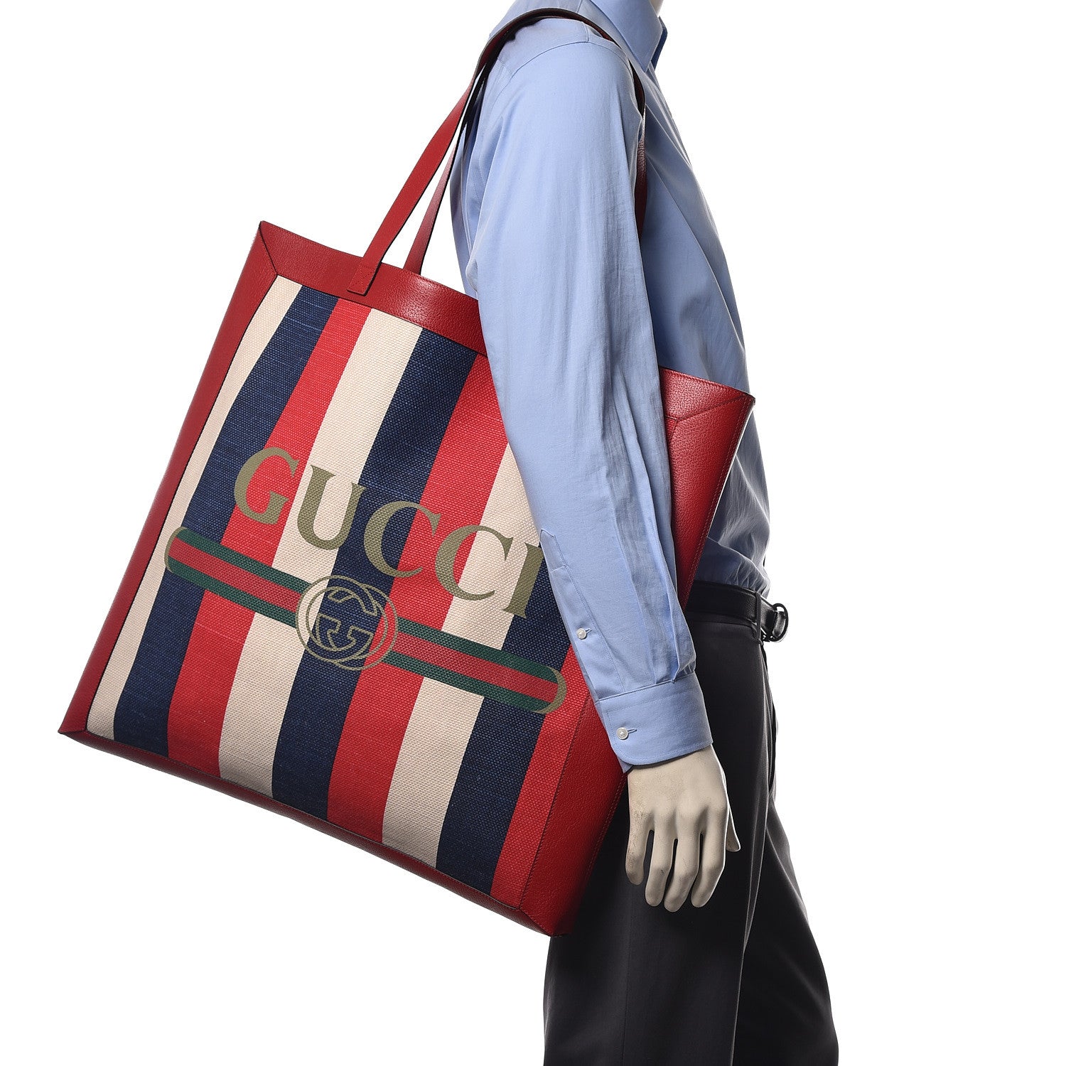 Gucci Canvas Calfskin Sylvie Stripe Logo Mens Tote Red White Blue 2 of 9