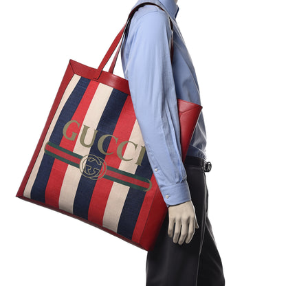 Gucci Canvas Calfskin Sylvie Stripe Logo Mens Tote Red White Blue 2 of 9
