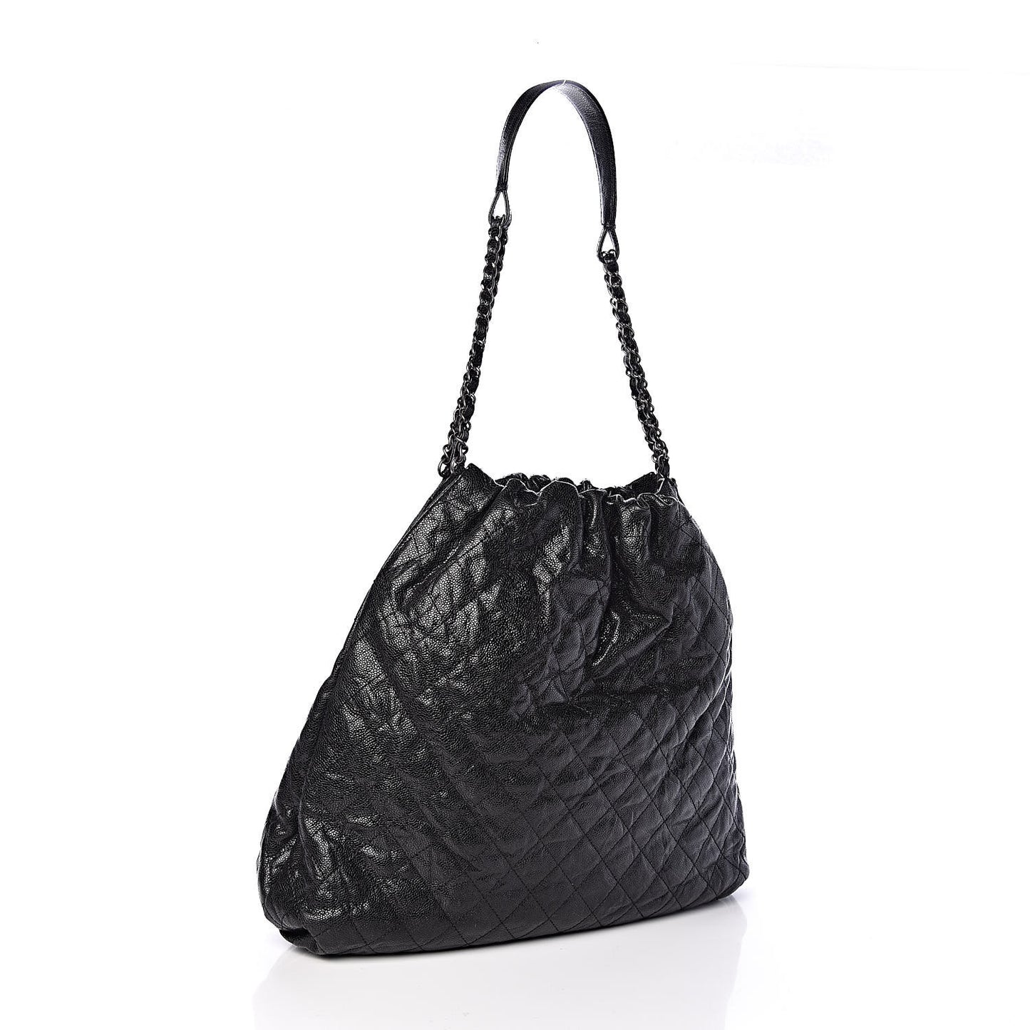 Distressed Glazed Caviar Quilted Large Elastic Tote Black