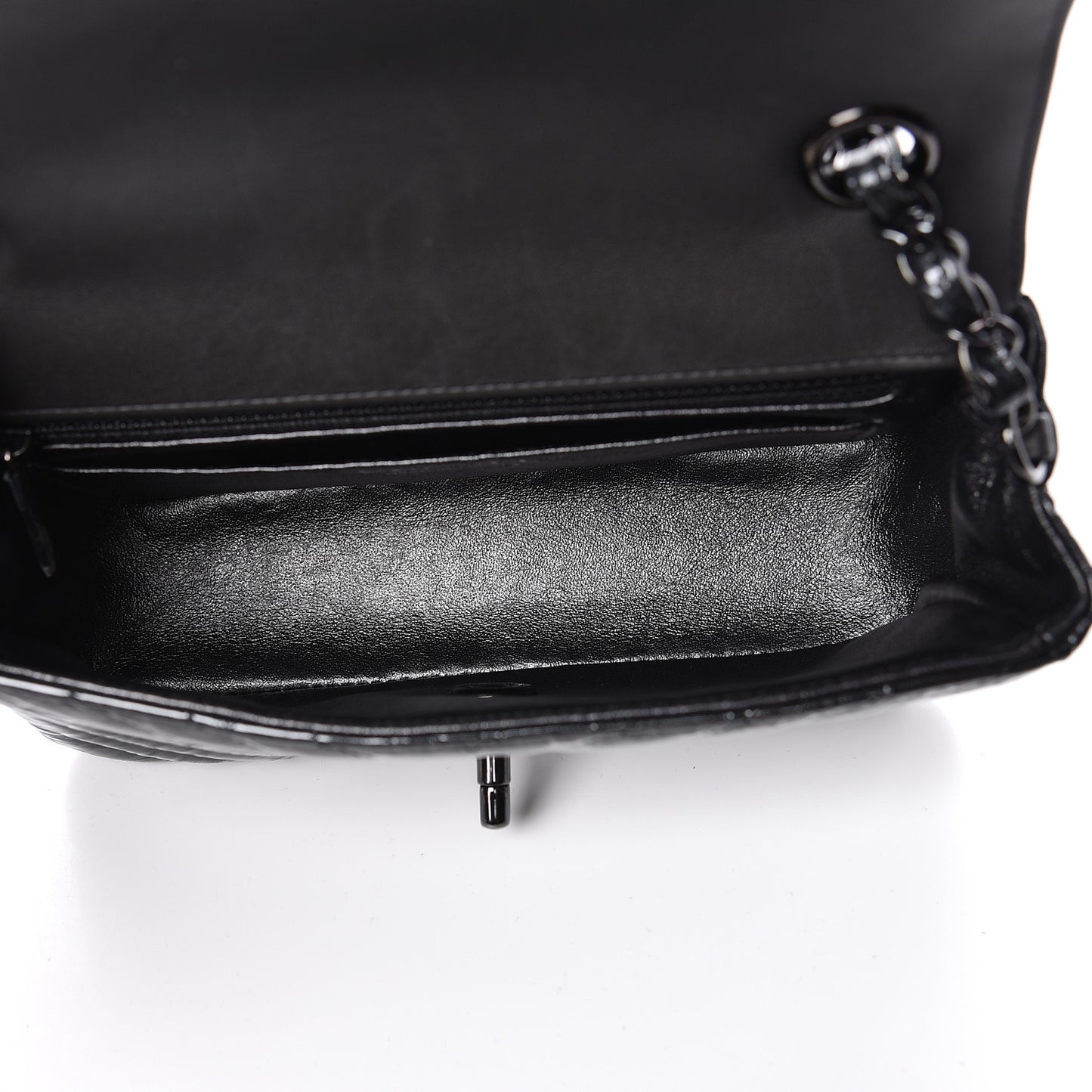 Patent Metallic Crumpled Calfskin Chevron Quilted Mini Rectangular Flap So Black