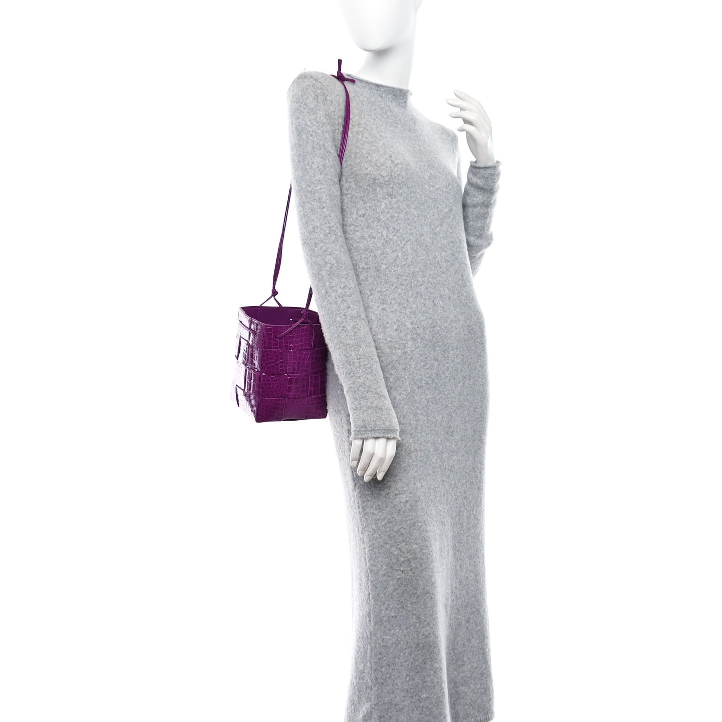 Gloss Calfskin Croc Embossed Intreccio Mini Cassette Crossbody Bucket Bag Venom