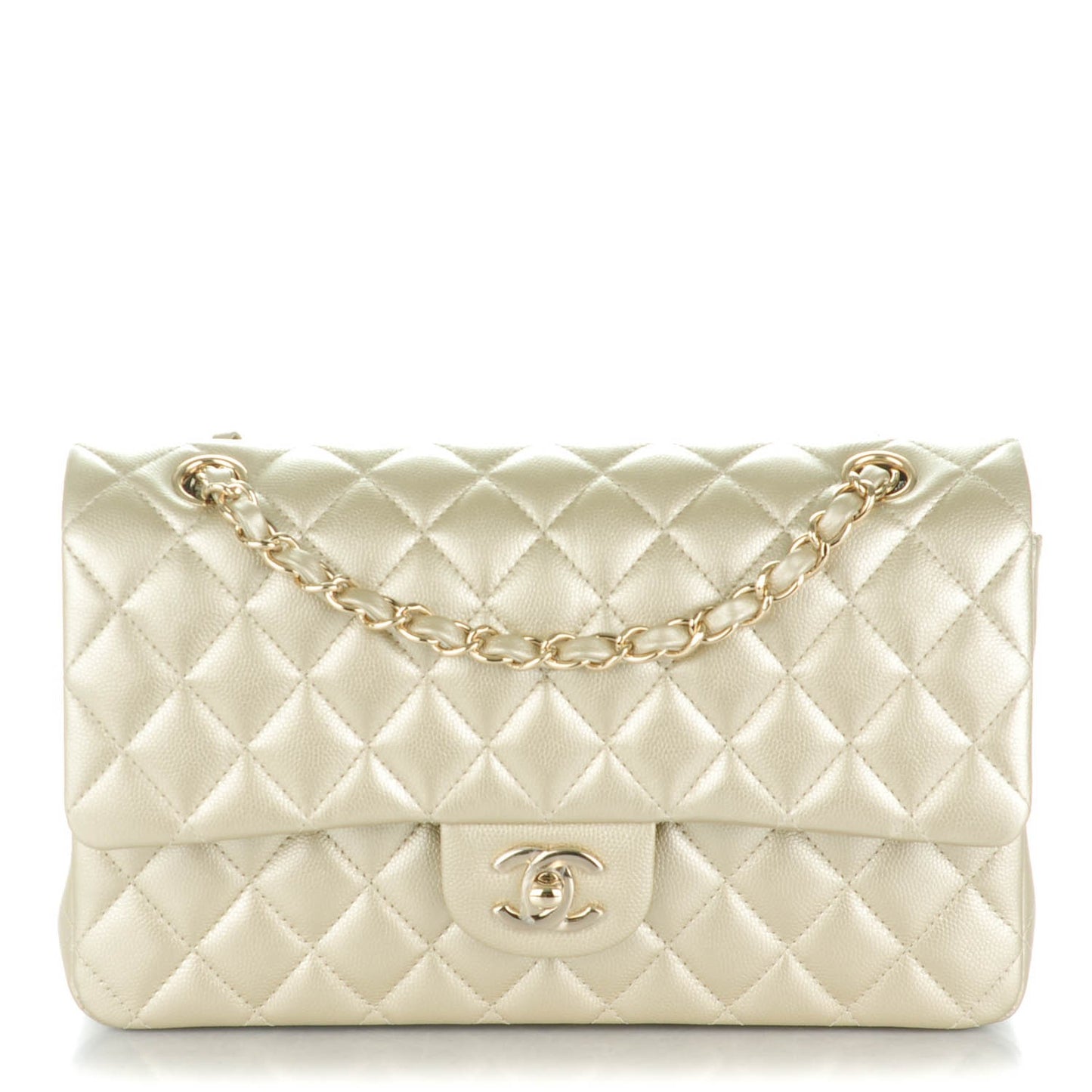 Metallic Caviar Quilted Medium Double Flap Light Gold
