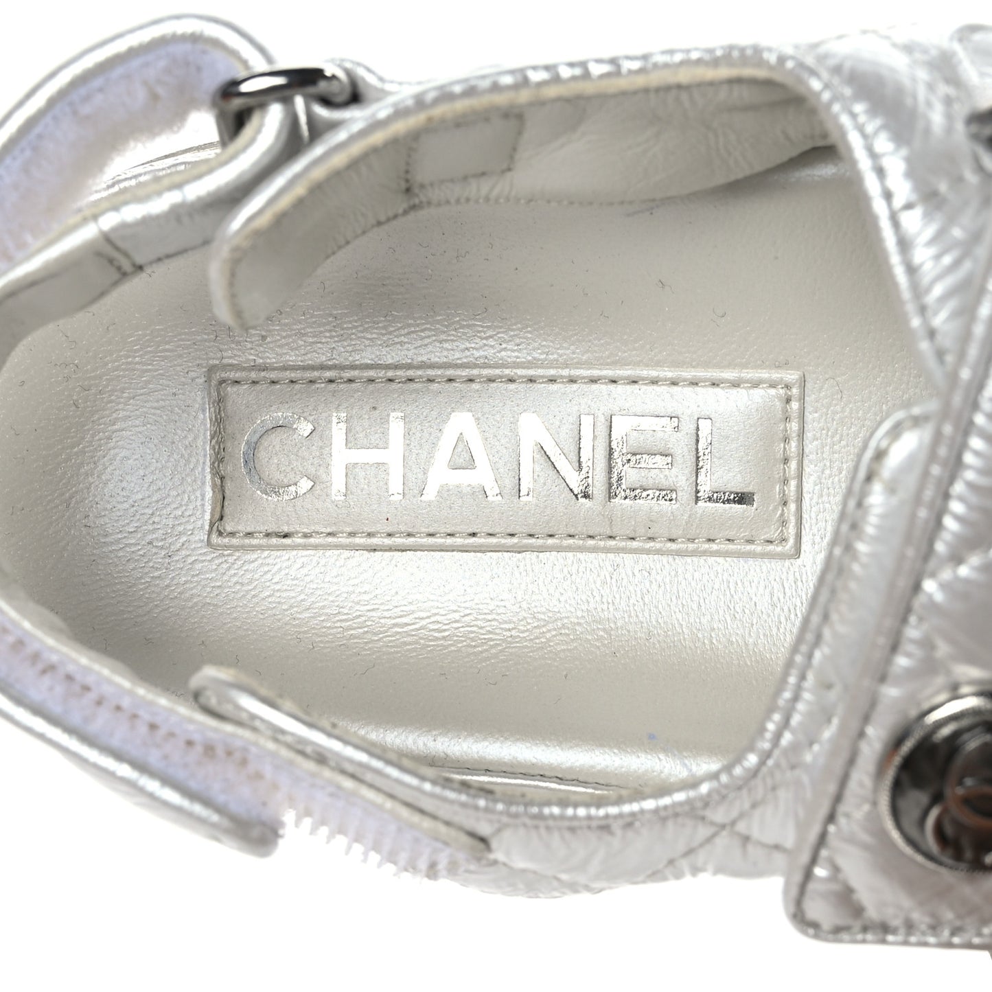 Laminated Lambskin Quilted Velcro Dad Sandals 37 Silver