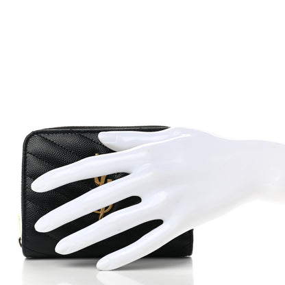 Saint Laurent Grain De Poudre Matelasse Chevron Monogram Compact Zip Around Wallet Black 2 of 8