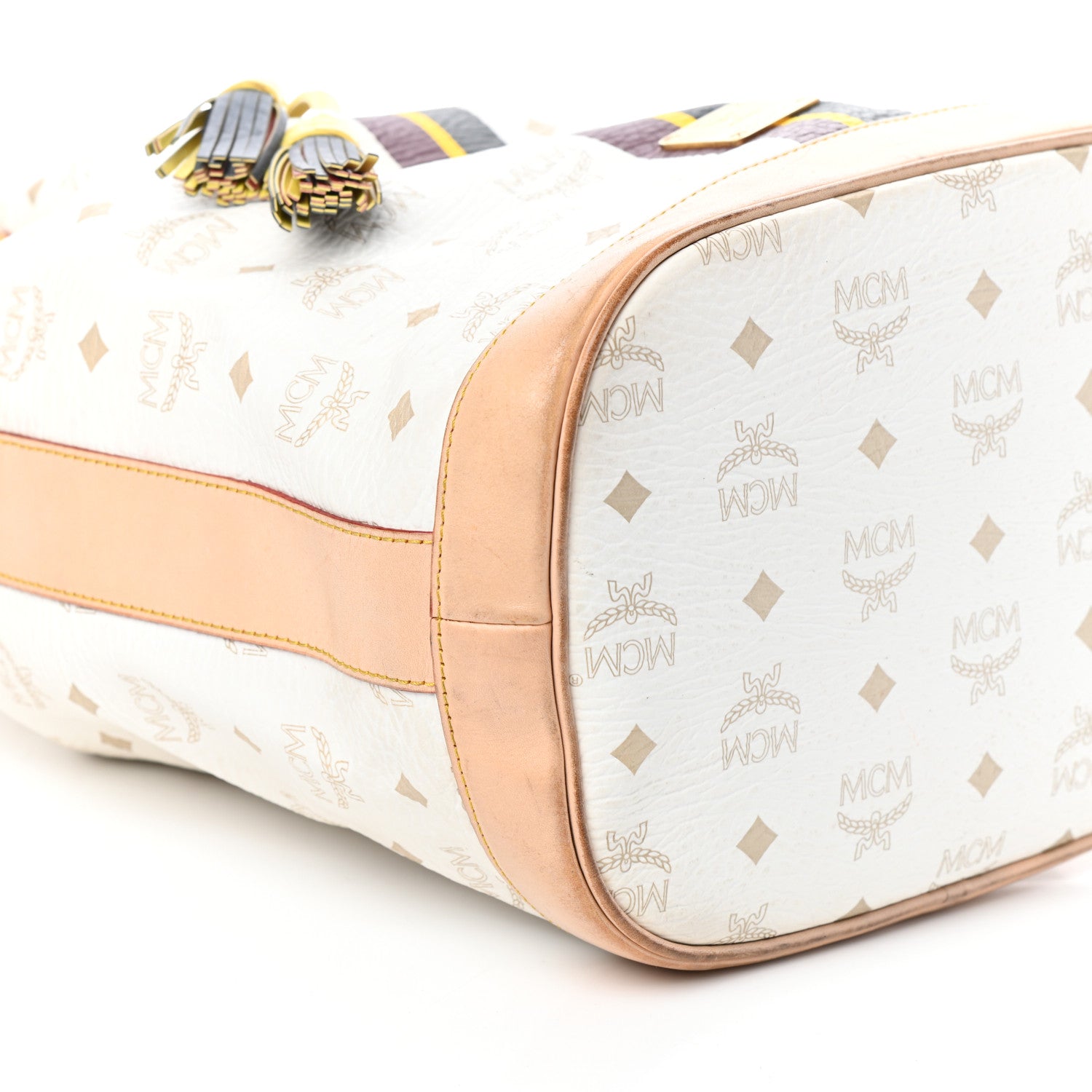 MCM Visetos Stripe Drawstring Bucket Bag White 8 of 10