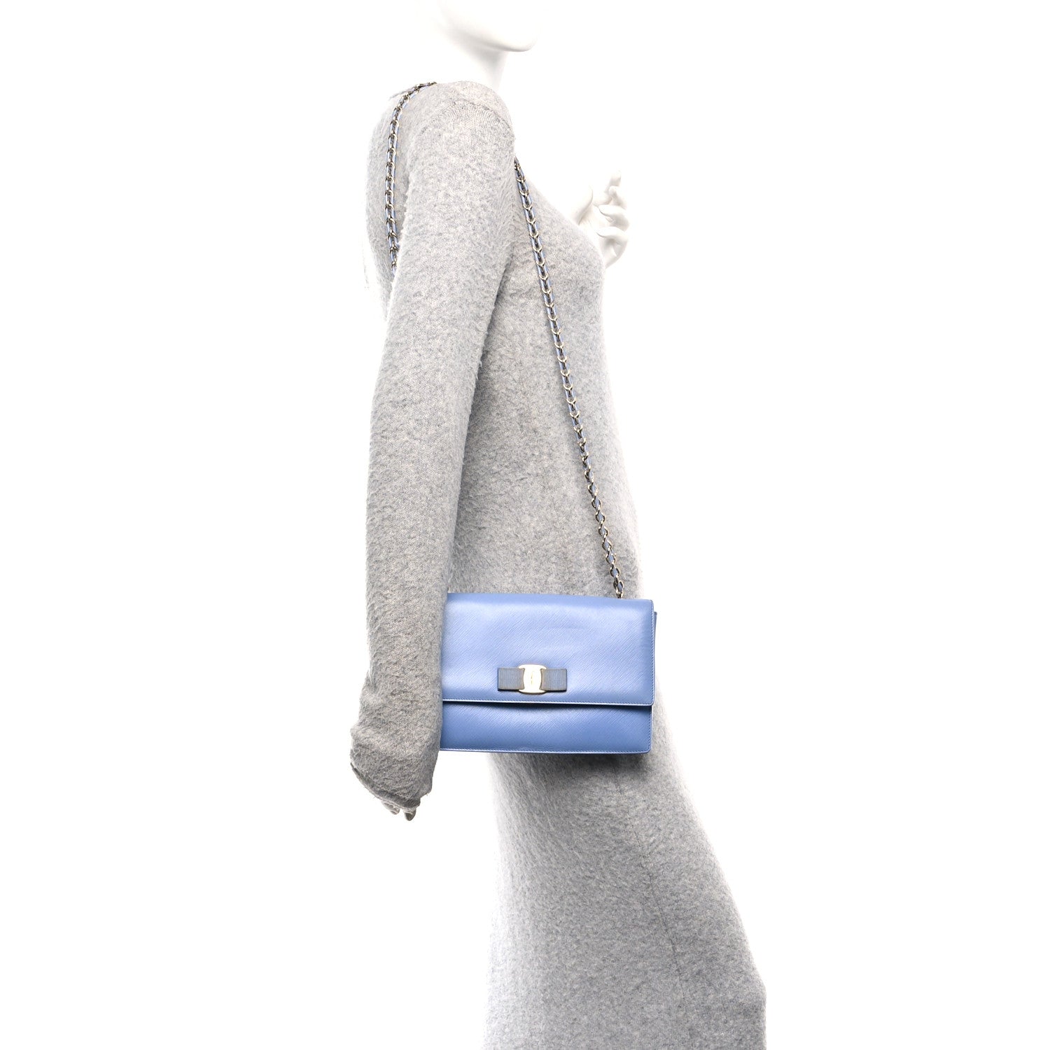 Salvatore Ferragamo Hammered Calfskin Vara Bow Chain Crossbody Blue 2 of 10