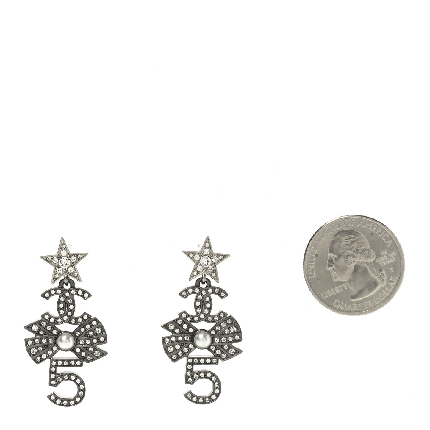 Ruthenium Crystal Pearl CC Star Bow No 5 Drop Earrings