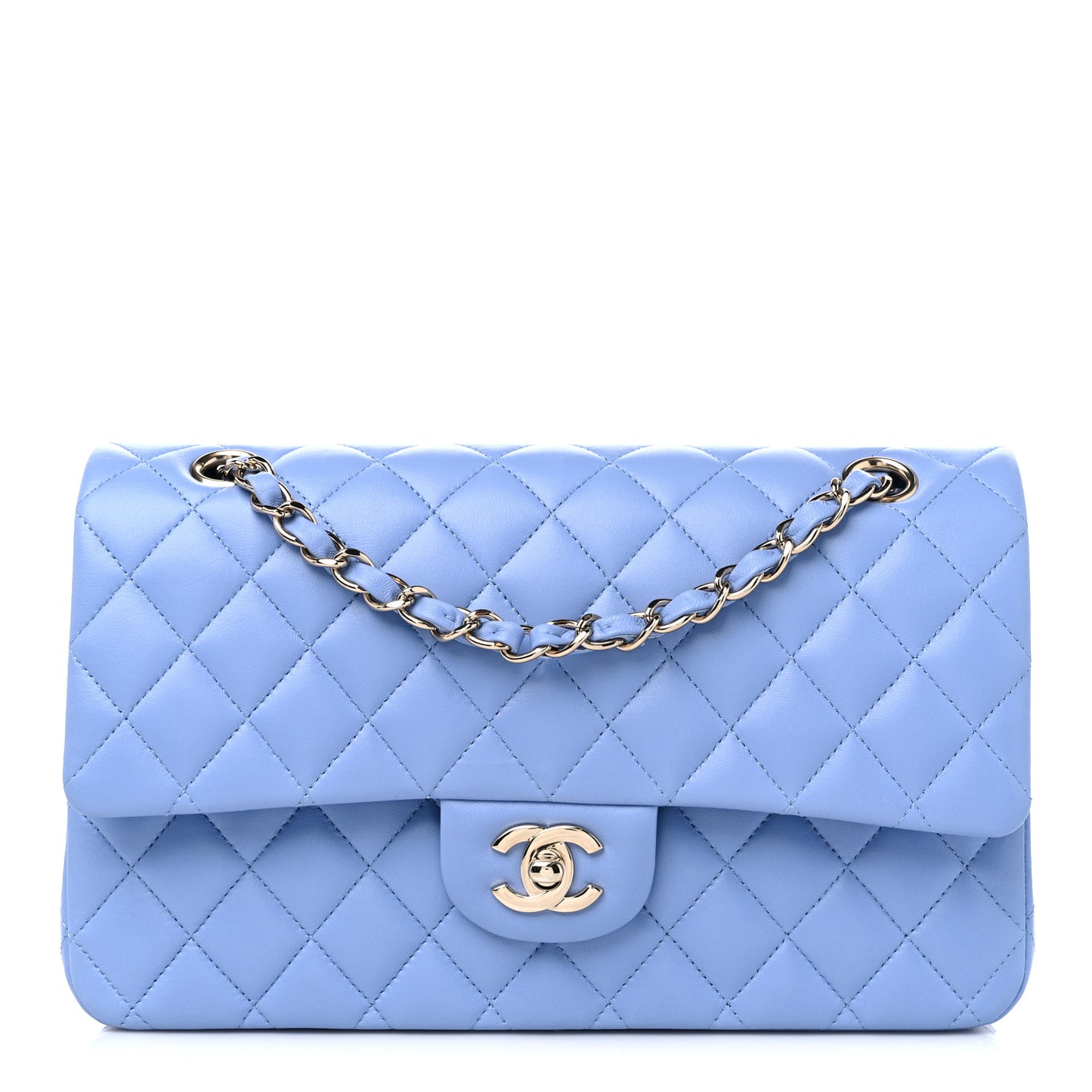 Lambskin Quilted Medium Double Flap Light Blue