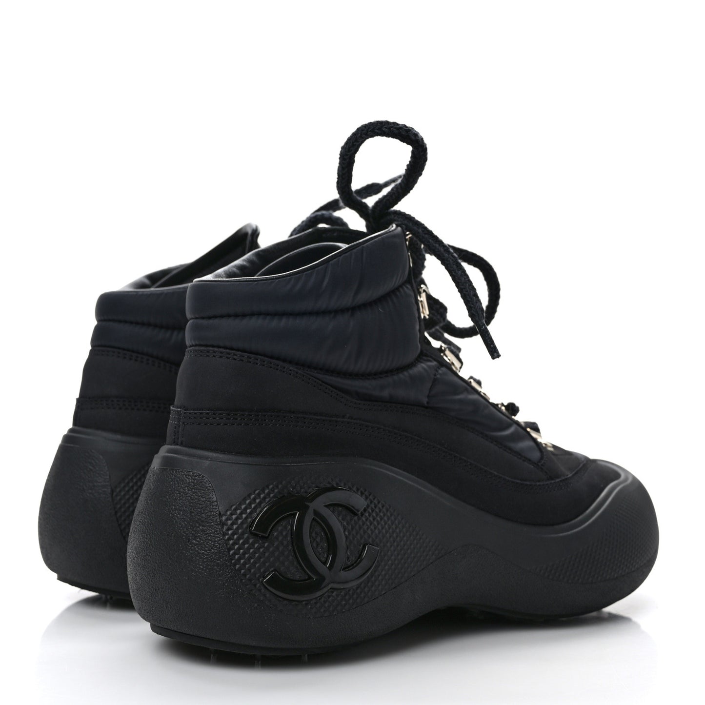 Calfskin Nylon CC Lace Up Ankle Snow Boots 36.5 Black