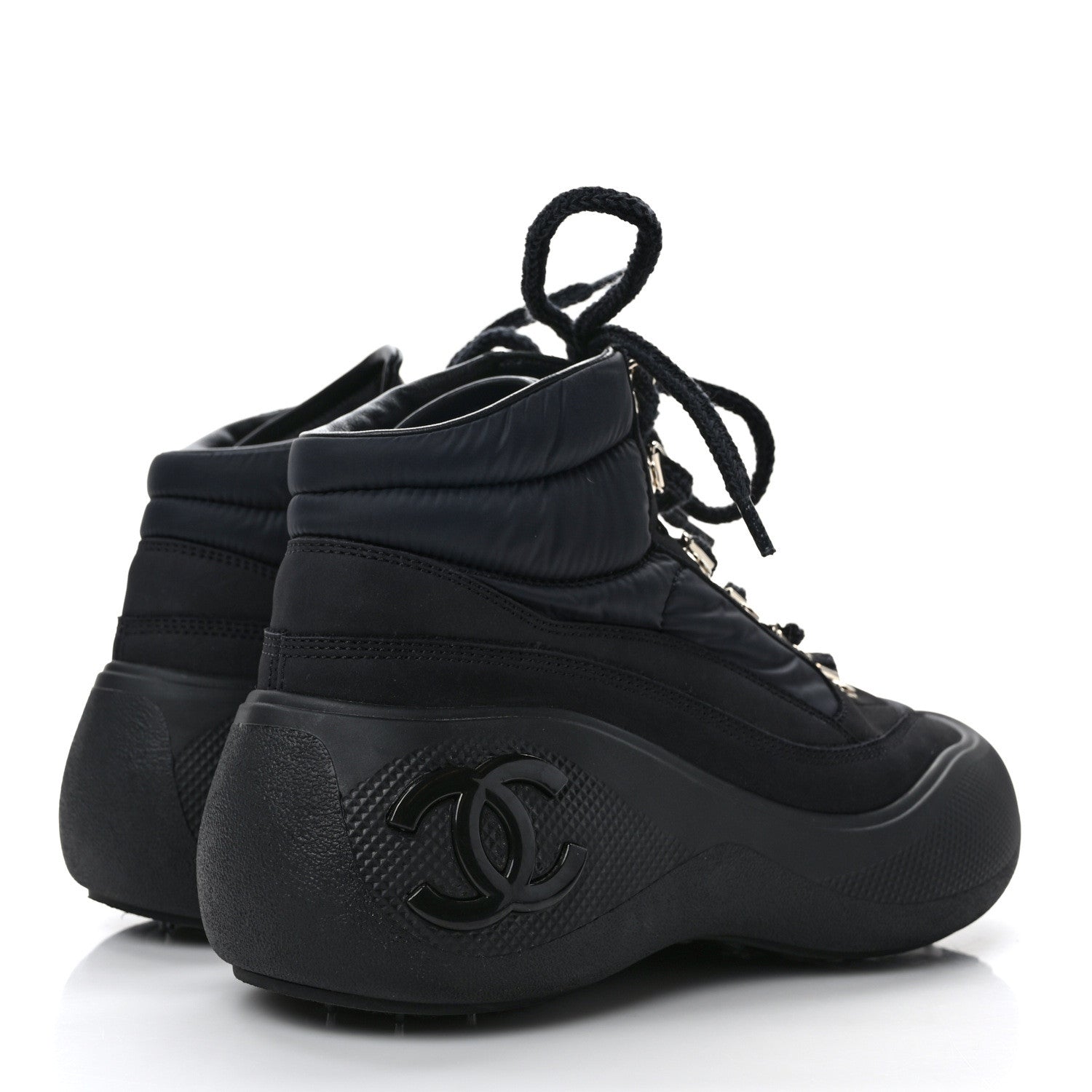 Chanel Calfskin Nylon CC Lace Up Ankle Snow Boots 36.5 Black 4 of 9