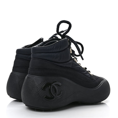 Chanel Calfskin Nylon CC Lace Up Ankle Snow Boots 36.5 Black 4 of 9
