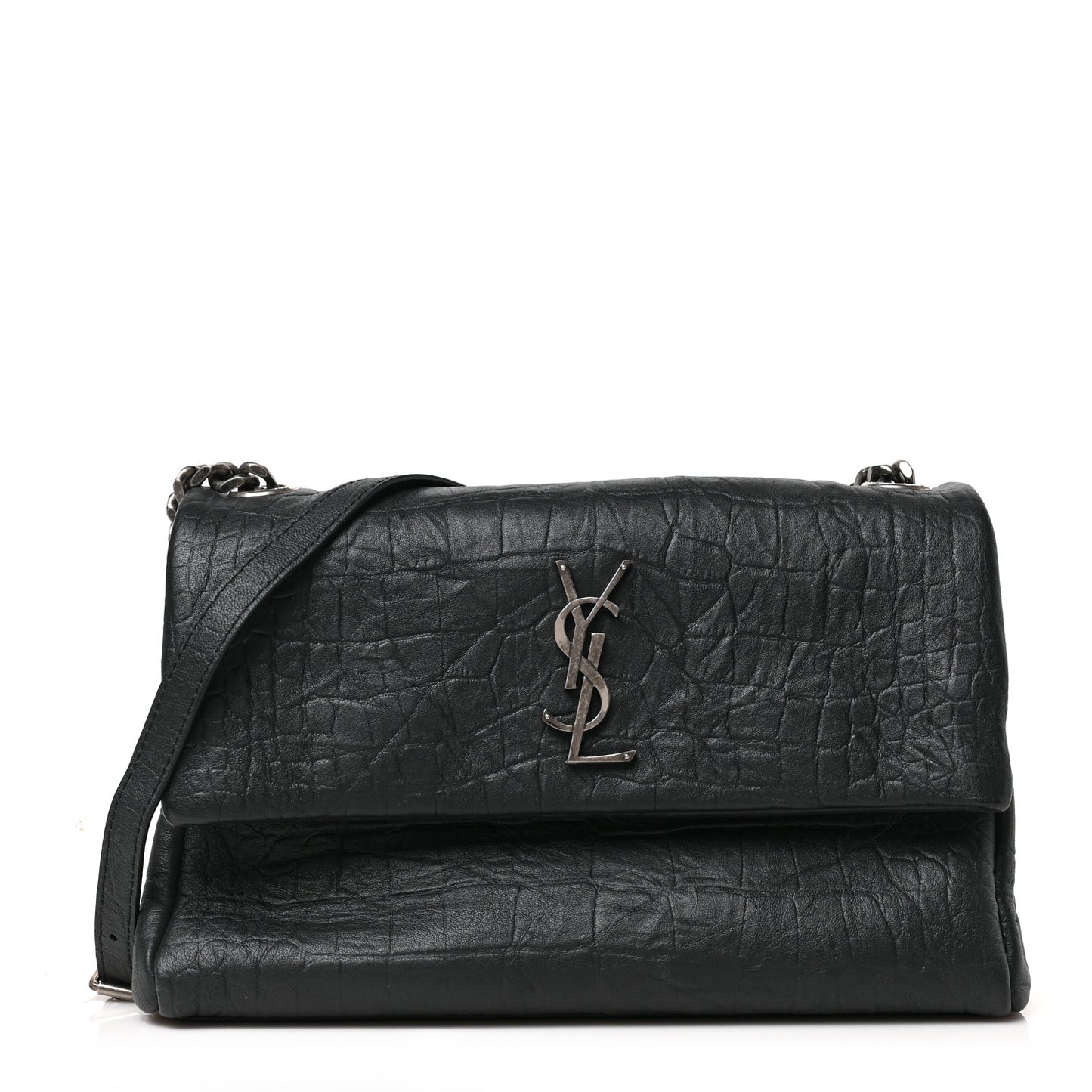 Crocodile Embossed Calfskin Medium West Hollywood Monogram Fold-Over Black