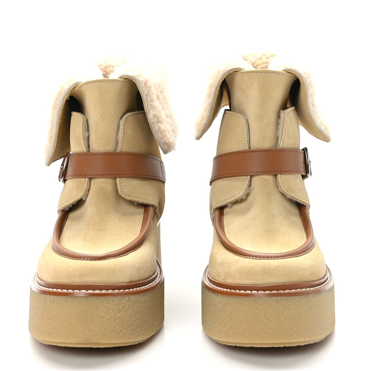 Hermes Suede Shearling Womens Hemisphere Ankle Boots 37.5 Beige Palomino 2 of 8