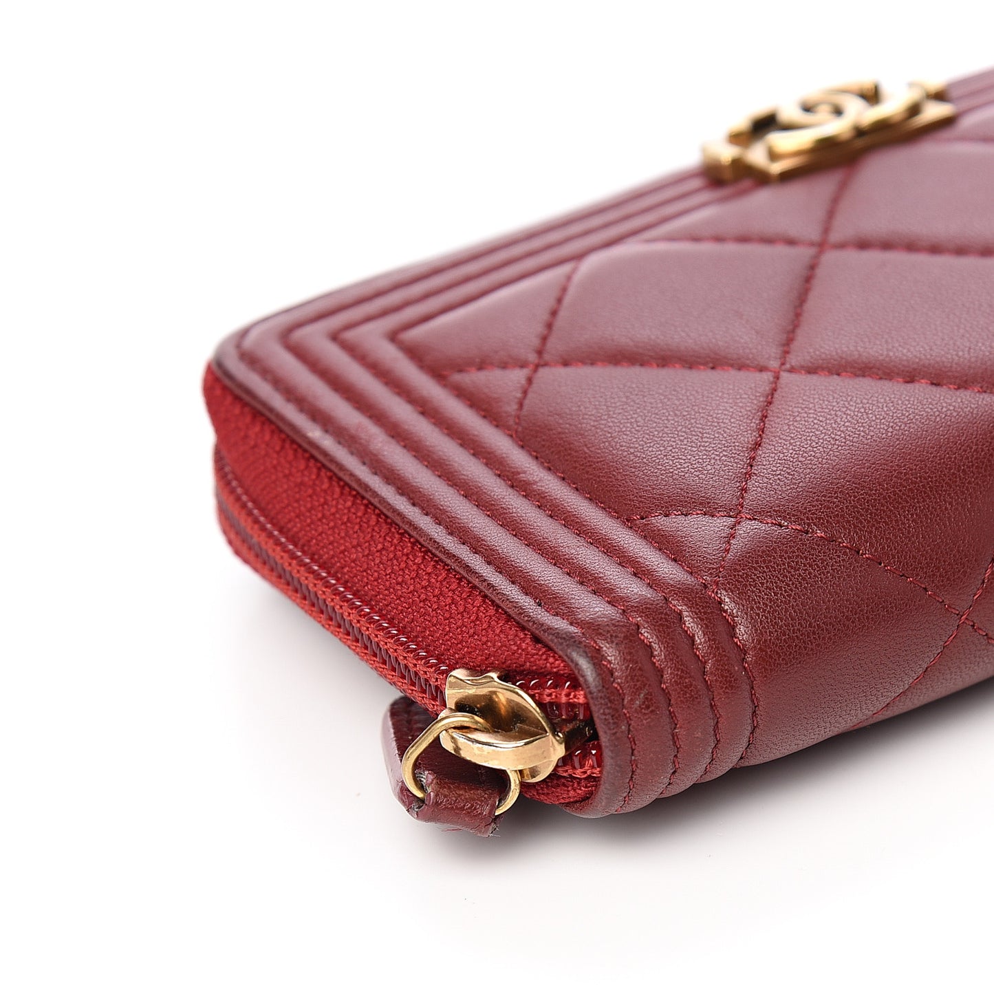 Lambskin Quilted Small Boy Zip Around Wallet Dark Red