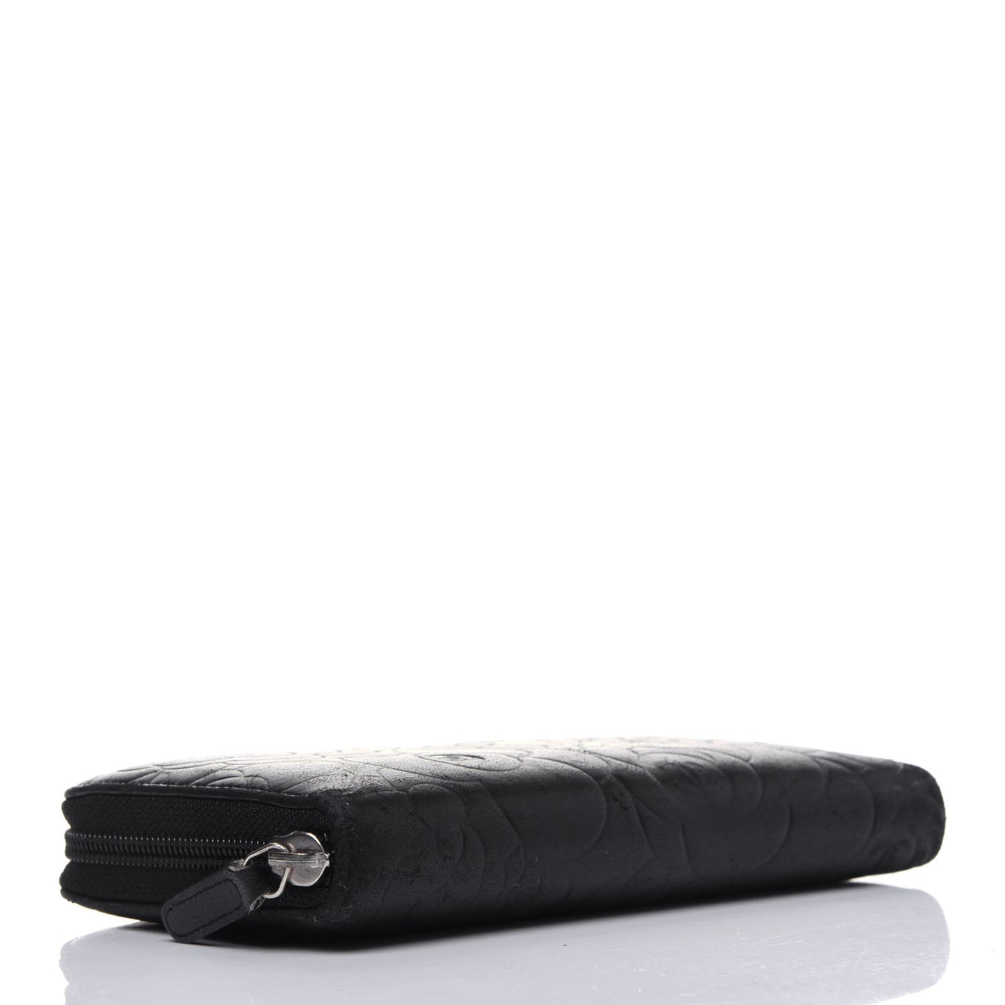 Lambskin Camellia Embossed Large Zip Around Gusset Wallet Black