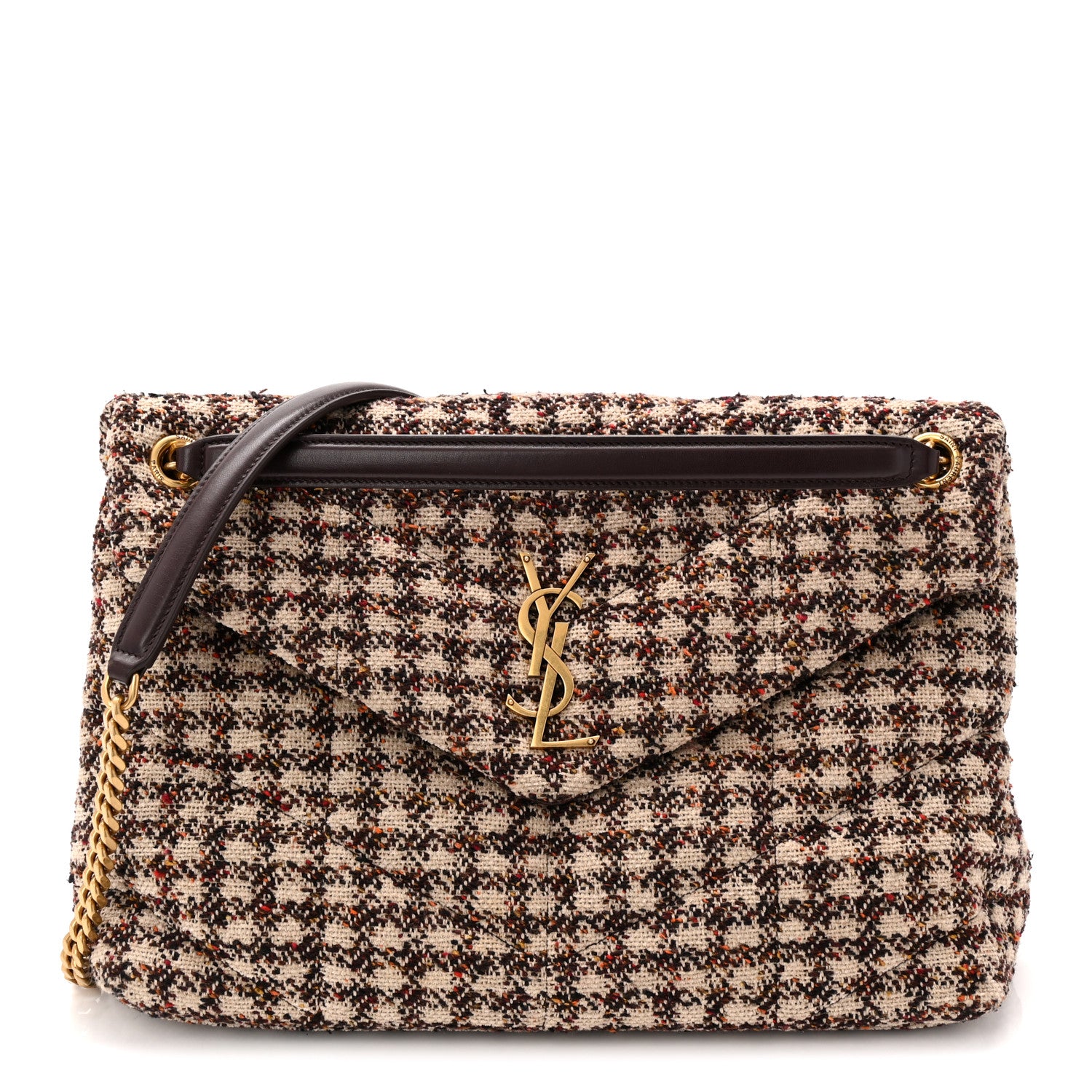 Saint Laurent Tweed Quilted Medium Loulou Puffer Monogram Chain Satchel Beige Umber Multicolor 1 of 10