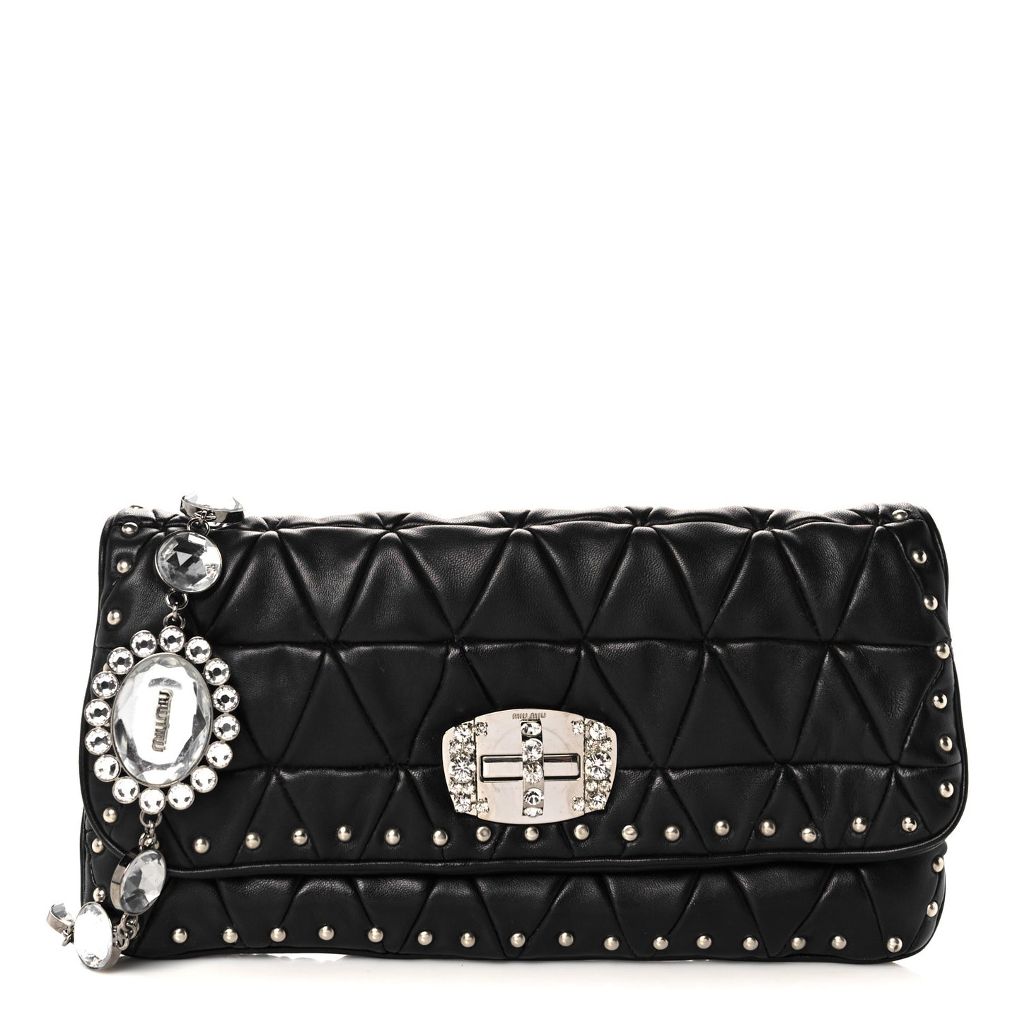Nappa Quilted Crystal Studded Flap Clutch Black