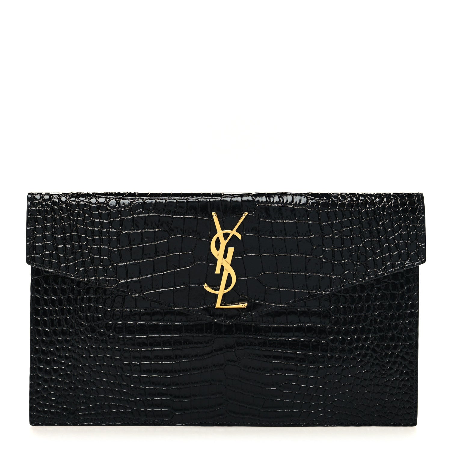 Saint Laurent Calfskin Crocodile Embossed Uptown Monogram Pouch Black 1 of 10
