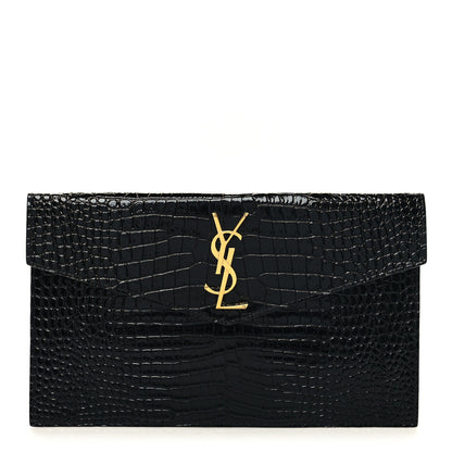 Saint Laurent Calfskin Crocodile Embossed Uptown Monogram Pouch Black 1 of 10