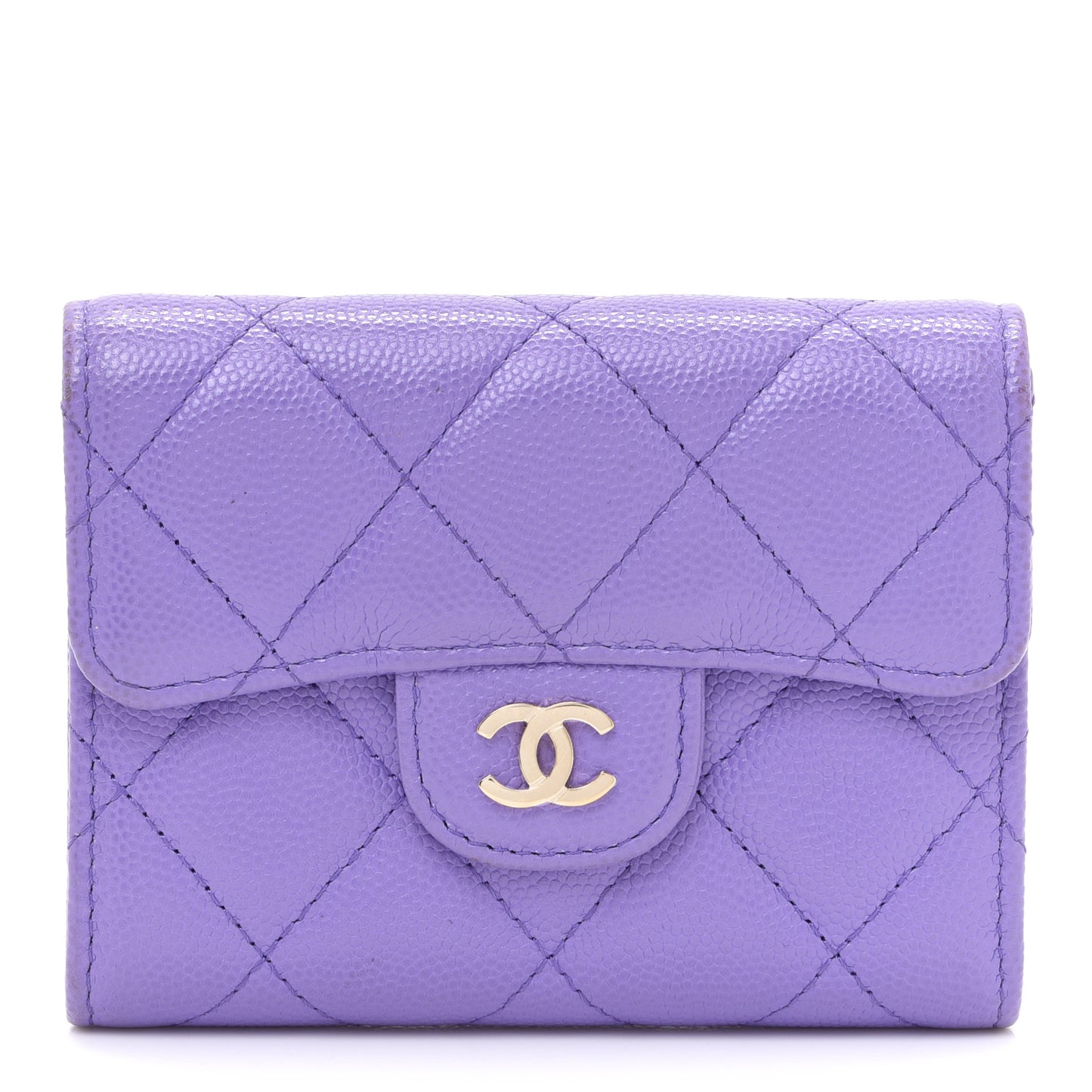 Caviar Quilted Flap Card Holder Wallet Purple
