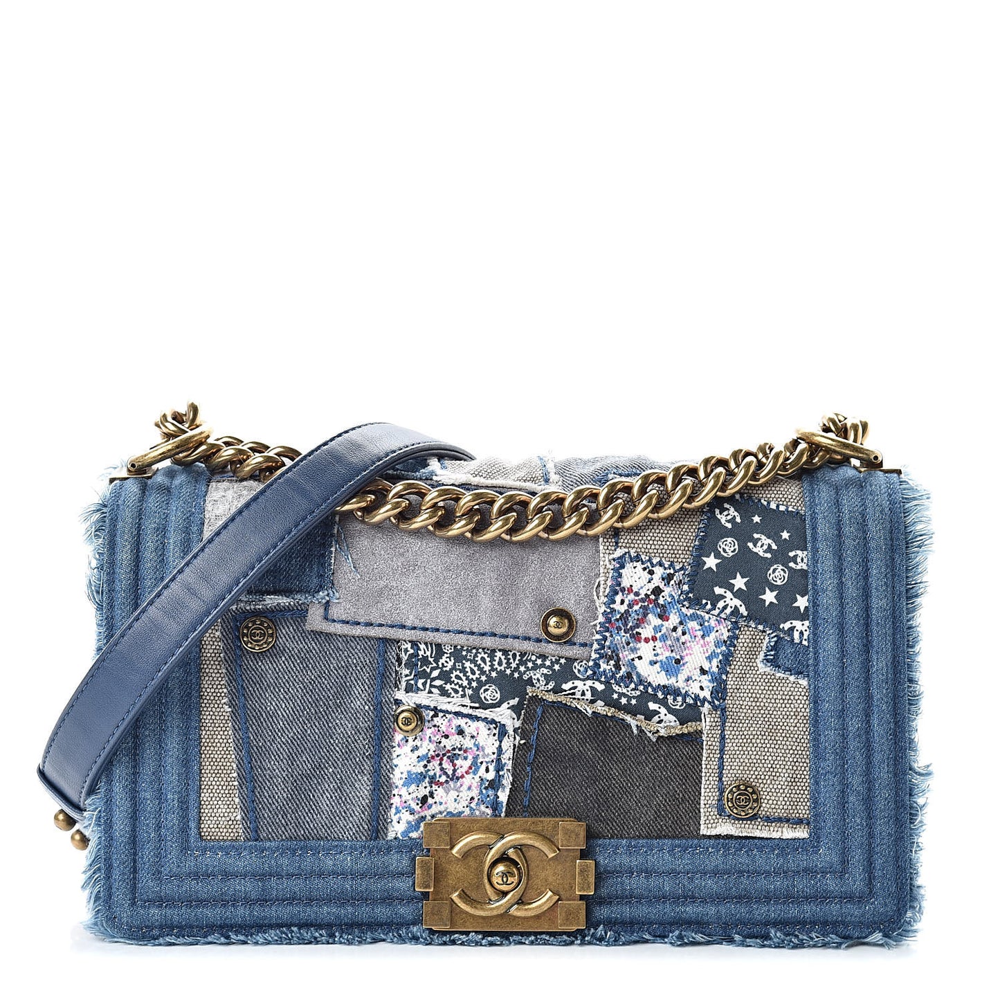Denim Patchwork Medium Boy Flap Blue