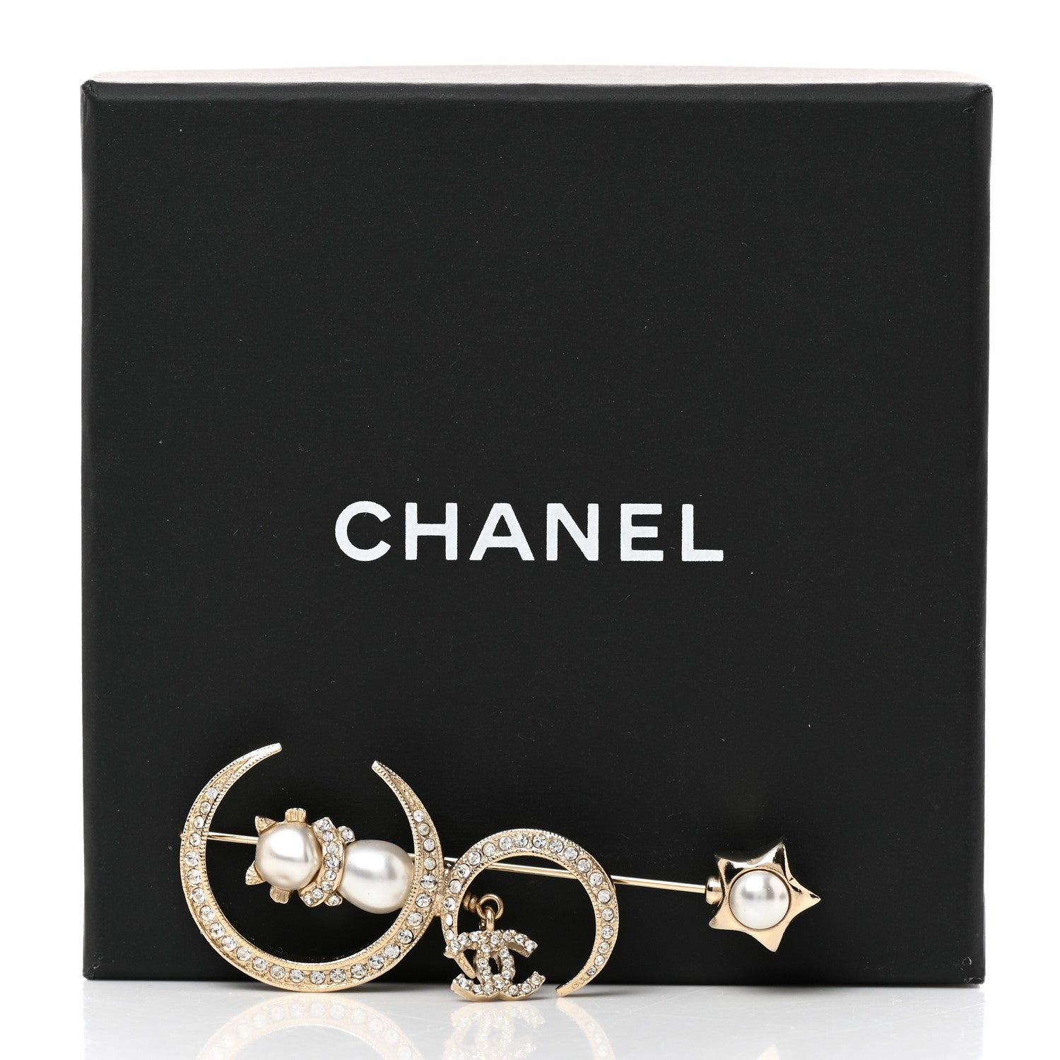 Chanel Pearl Crystal CC Drop Cat Moon Brooch Gold 4 of 4