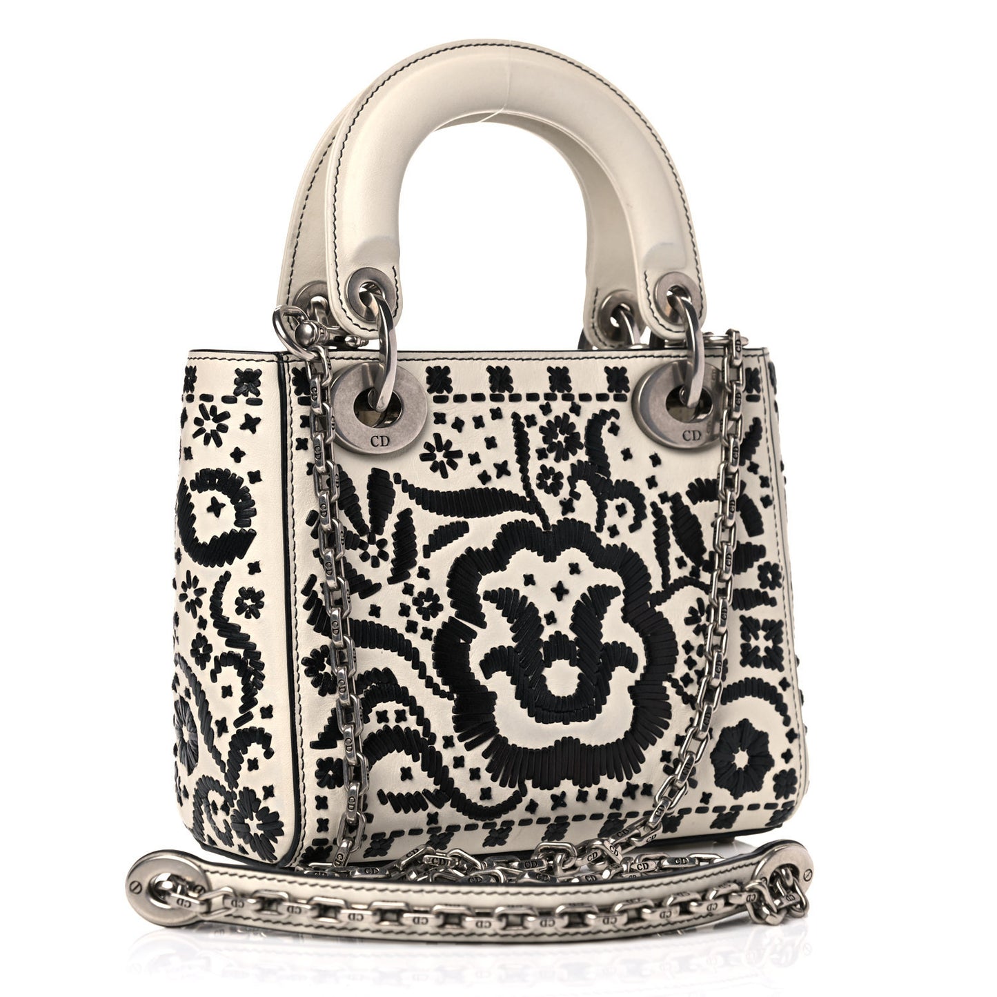 Calfskin Floral Embroidered Mini Lady Dior Black White