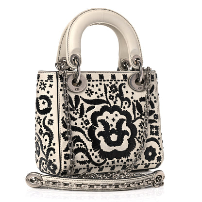 Christian Dior Calfskin Floral Embroidered Mini Lady Dior Black White 2 of 17