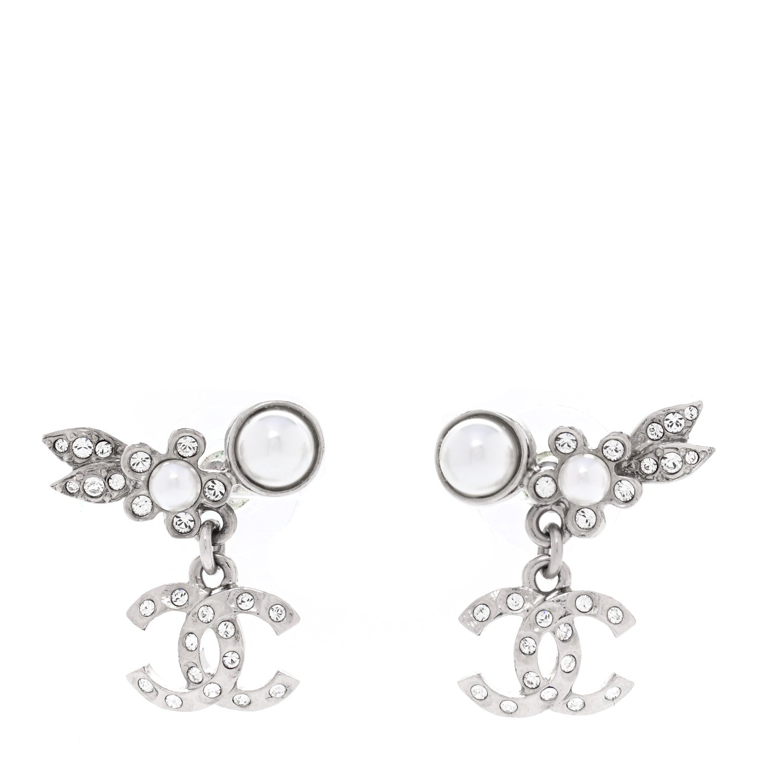 Chanel Crystal Pearl CC Leaf Earrings Silver 1 of 6