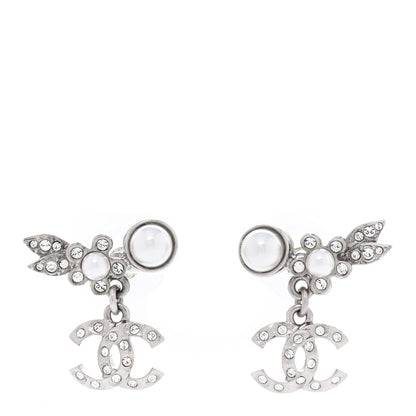 Chanel Crystal Pearl CC Leaf Earrings Silver 1 of 6