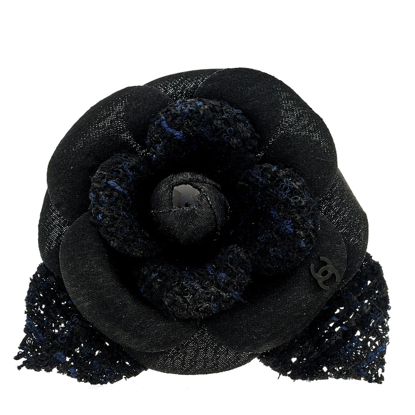 Tweed Fabric Camellia Pin Brooch 115/46 Navy Blue Black
