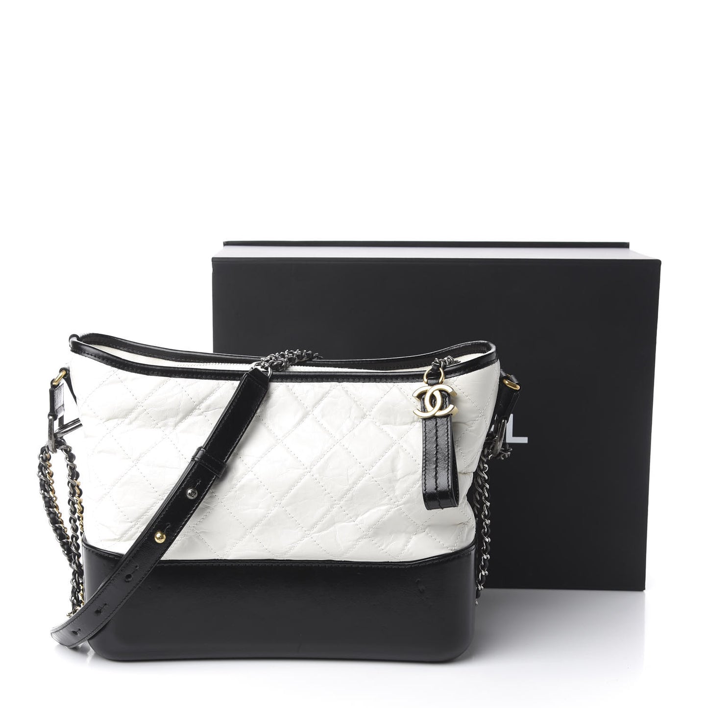 Aged Calfskin Quilted Medium Gabrielle Hobo Black White