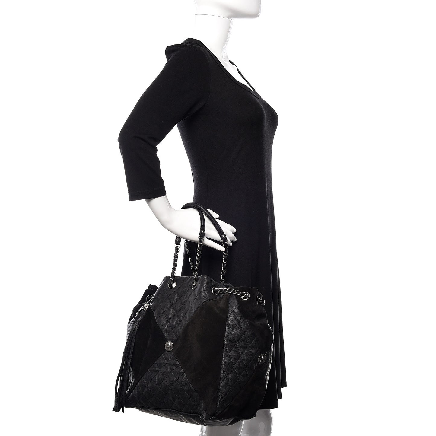 Goatskin Suede Calfskin Quilted Patchwork Drawstring Bag Black