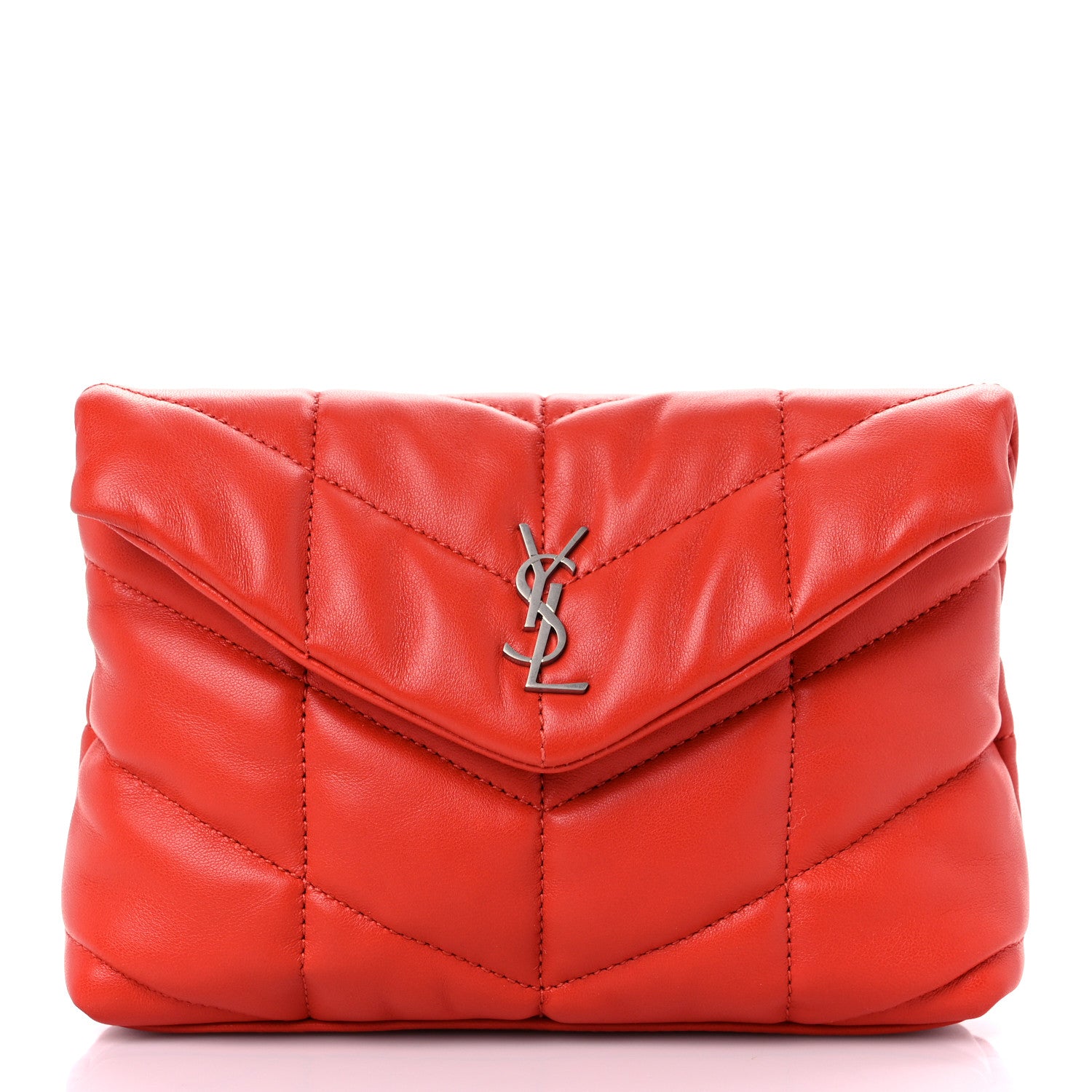 Saint Laurent Lambskin Monogram Loulou Puffer Pouch Clutch Coral 2 of 11
