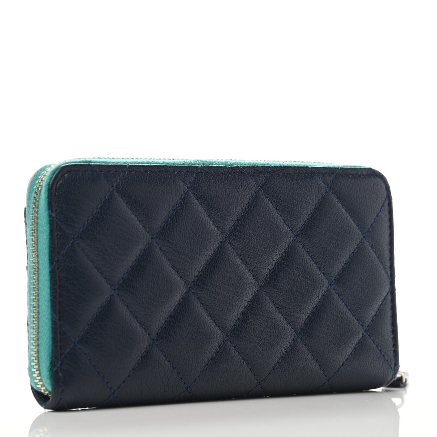 Goatskin Quilted Tri-Color In & Out Zip Around Wallet Navy Turquoise Pink