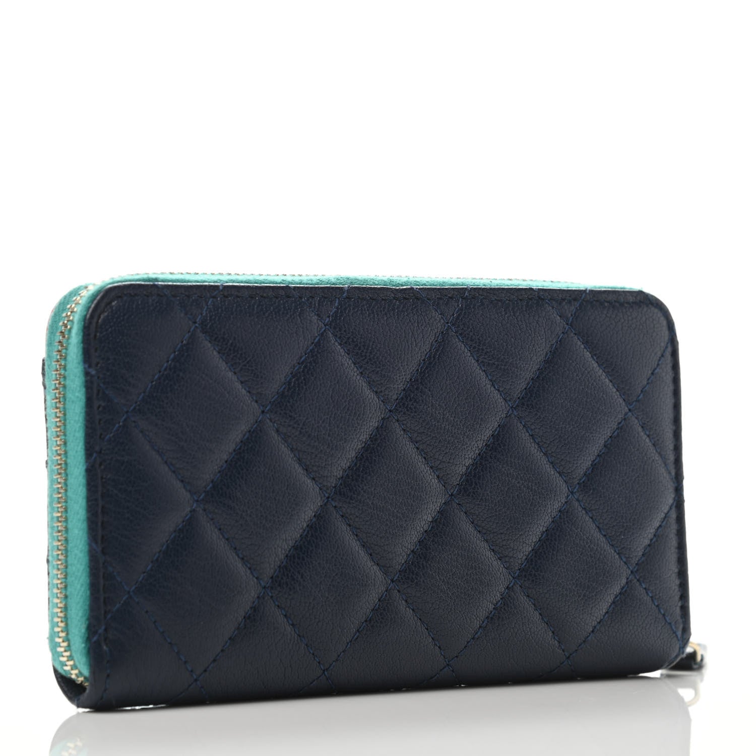 Chanel Goatskin Quilted Tri-Color In & Out Zip Around Wallet Navy Turquoise Pink 2 of 4