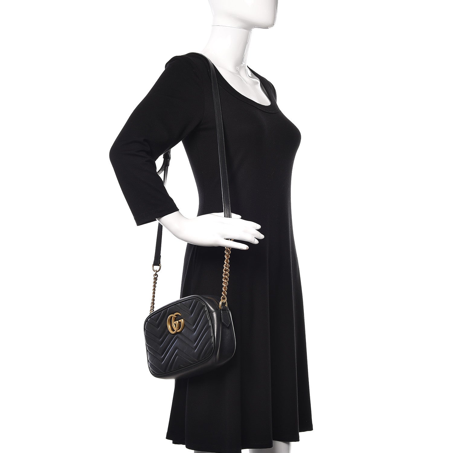 Gucci Calfskin Matelasse Small GG Marmont Chain Shoulder Bag Black 2 of 12