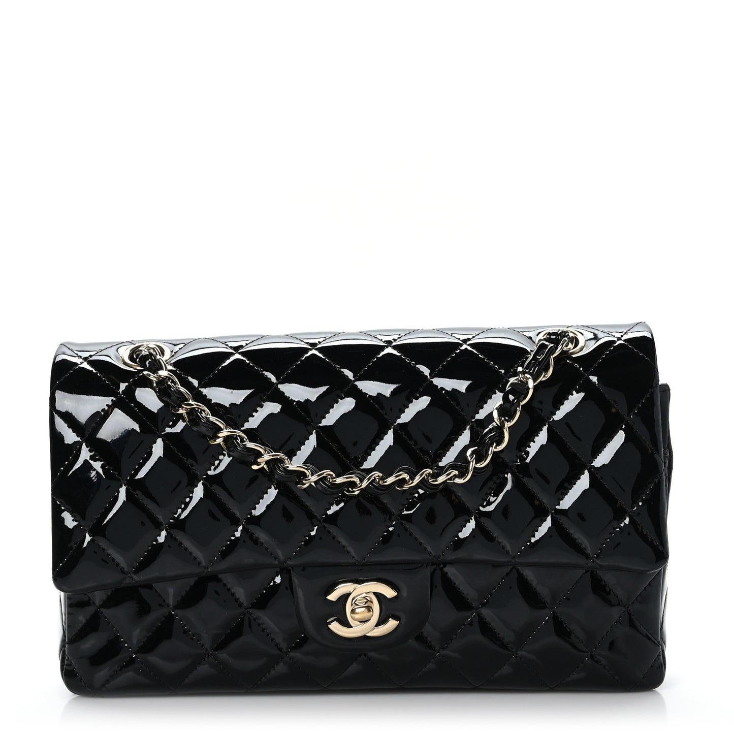Patent Quilted Medium Double Flap Black