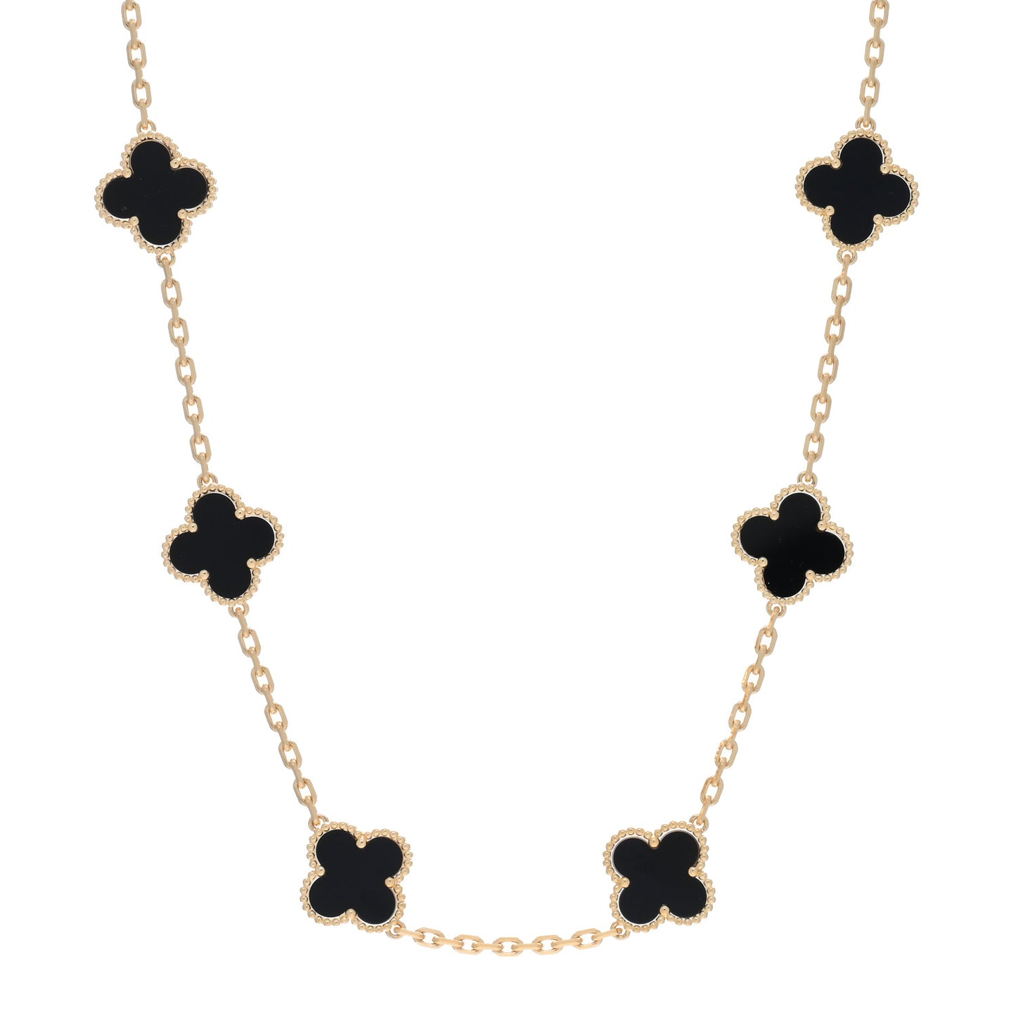 18K Yellow Gold Black Onyx 10 Motifs Vintage Alhambra Necklace