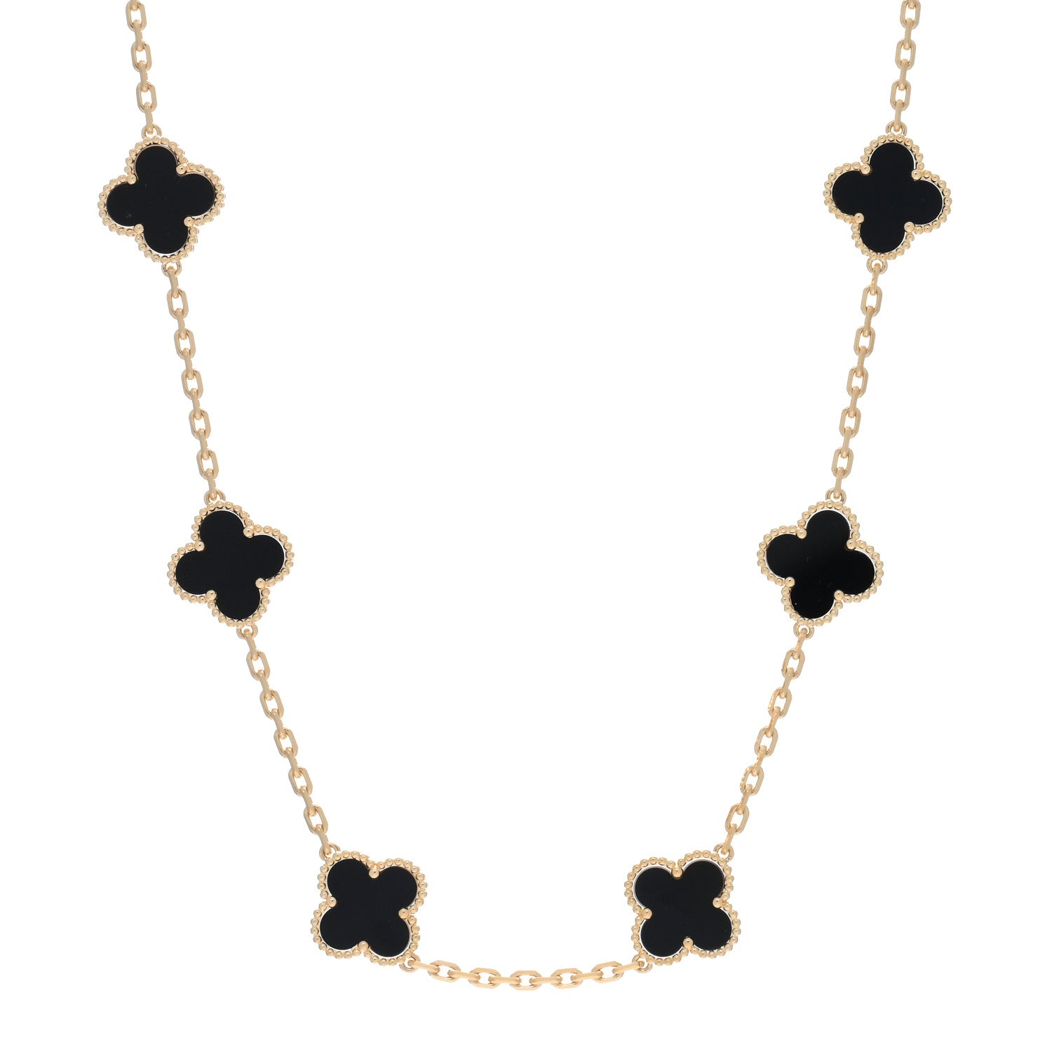 Van Cleef & Arpels 18K Yellow Gold Black Onyx 10 Motifs Vintage Alhambra Necklace 1 of 3