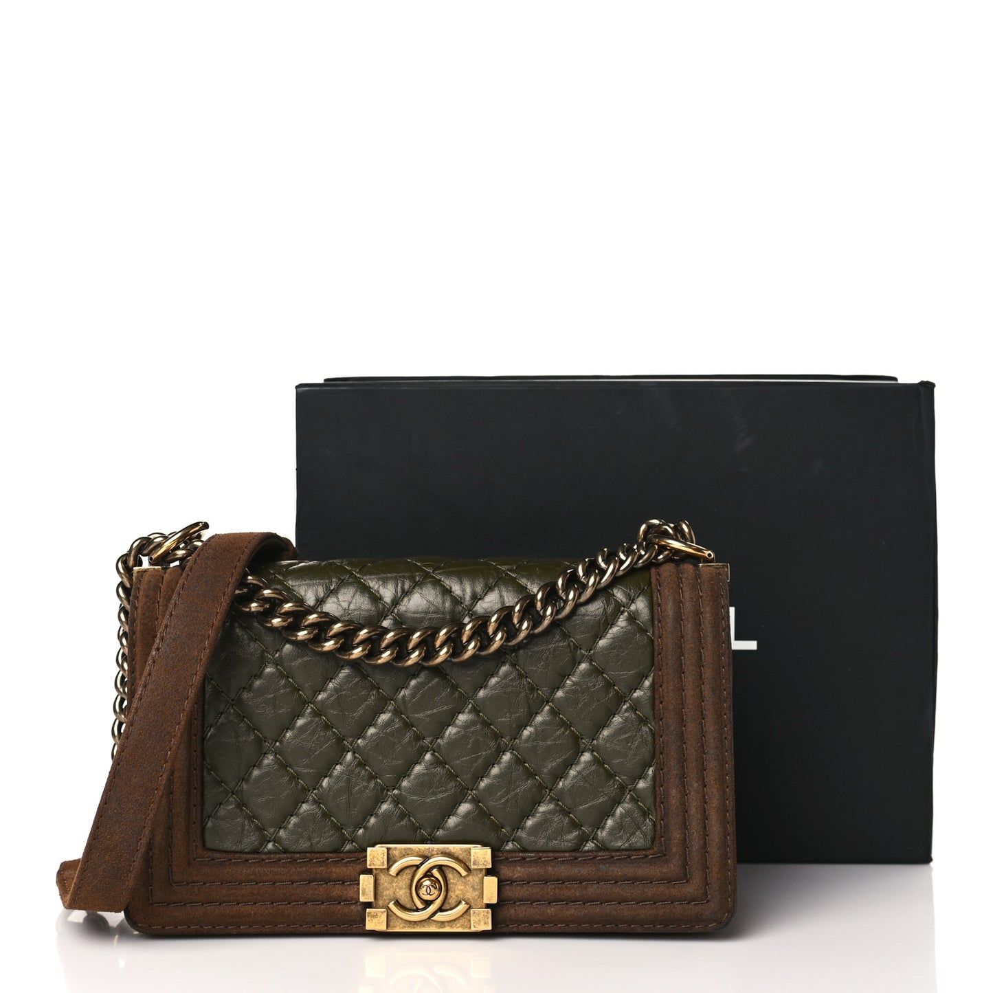 Aged Calfskin Nubuck Quilted Medium Boy Flap Brown Green