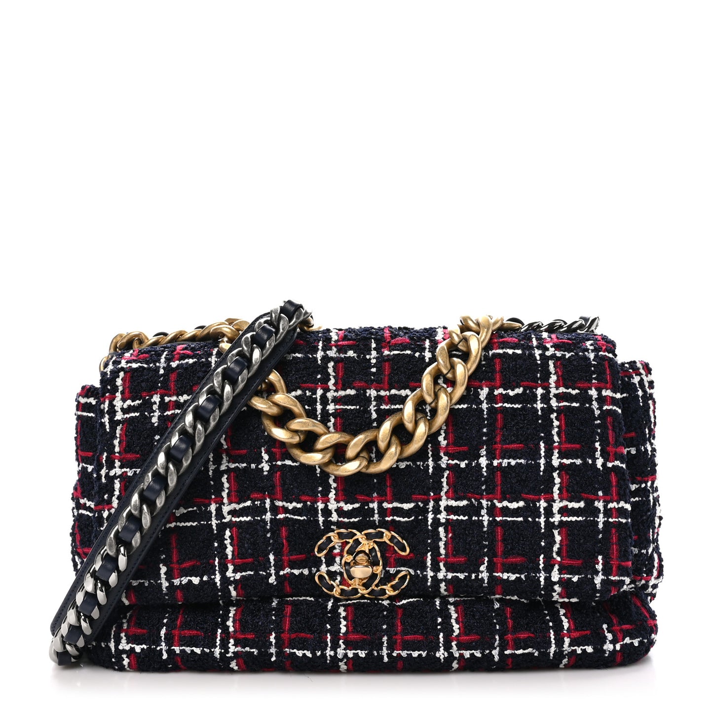 Tweed Quilted Large Chanel 19 Flap Navy Blue White Red